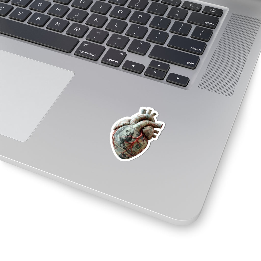 Money Heart Kiss-Cut Sticker — Anatomical Heart Wrapped in 100 Bill Sticker