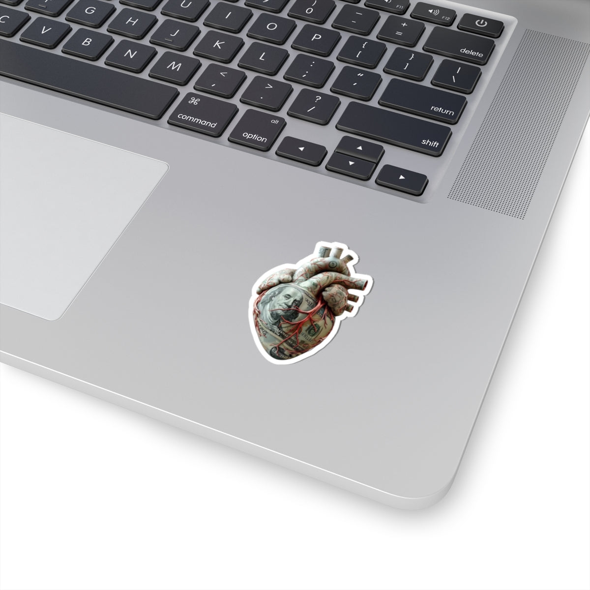 Money Heart Kiss-Cut Sticker — Anatomical Heart Wrapped in 100 Bill Sticker