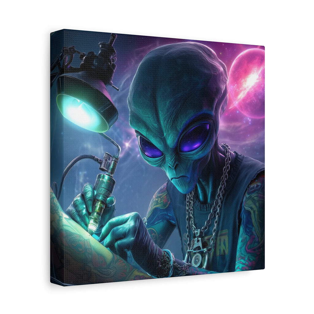 Alien Tattoo Artist Matte Canvas Print — Sci‑Fi Wall Art for Gamers & Nerd Decor
