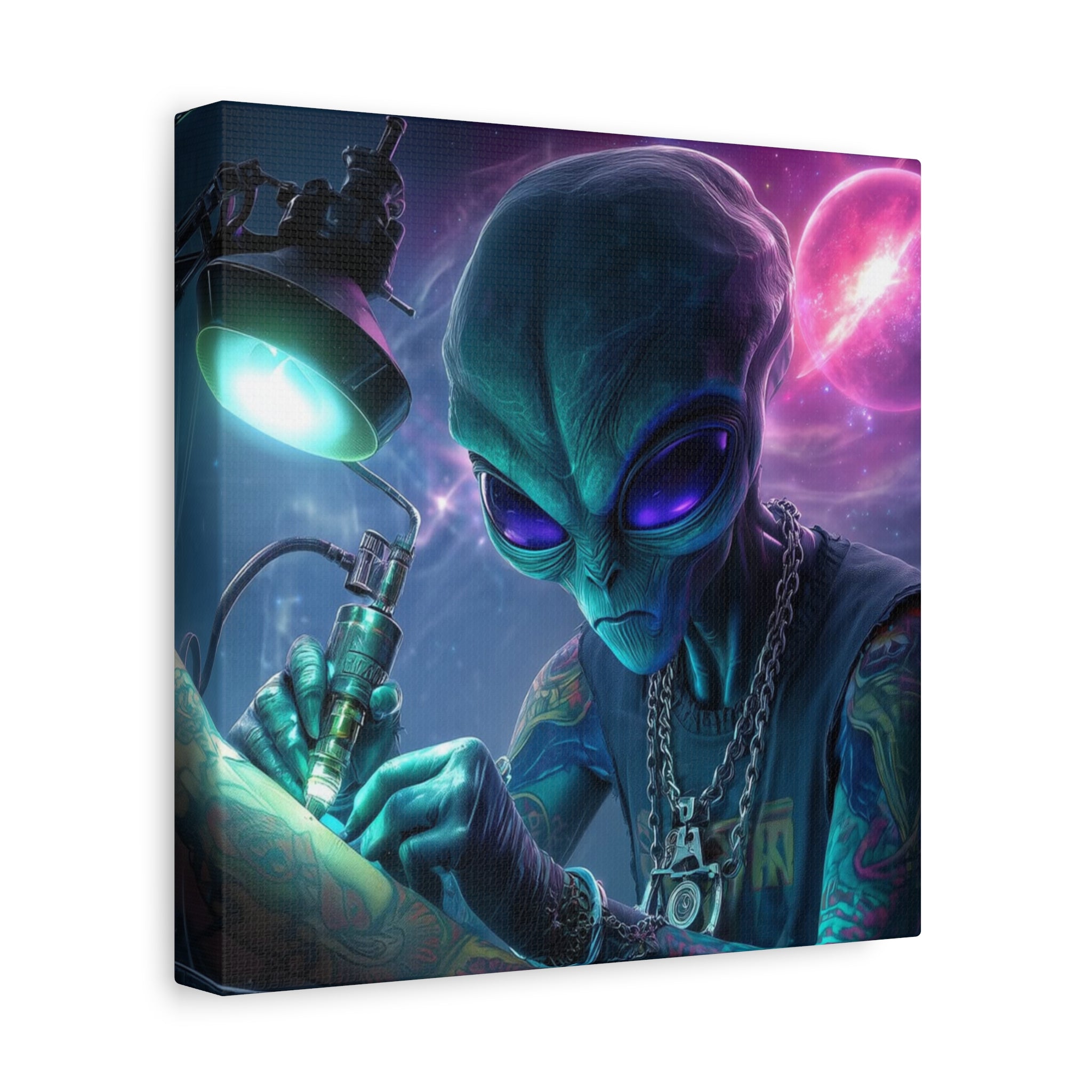 Alien Tattoo Artist Matte Canvas Print — Sci‑Fi Wall Art for Gamers & Nerd Decor