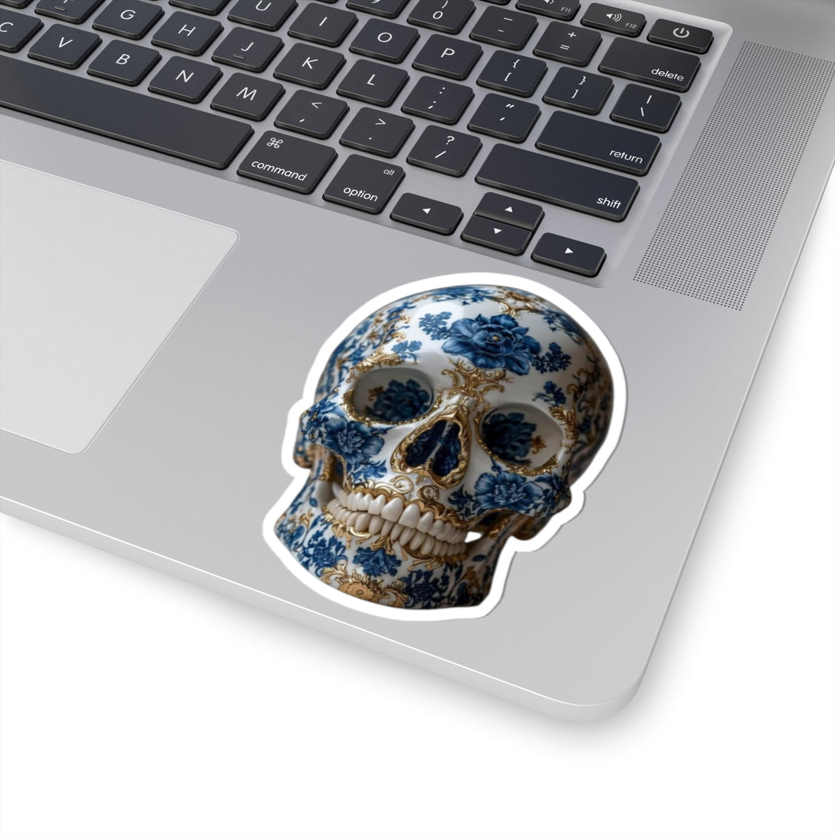 Blue Floral Porcelain Skull Sticker