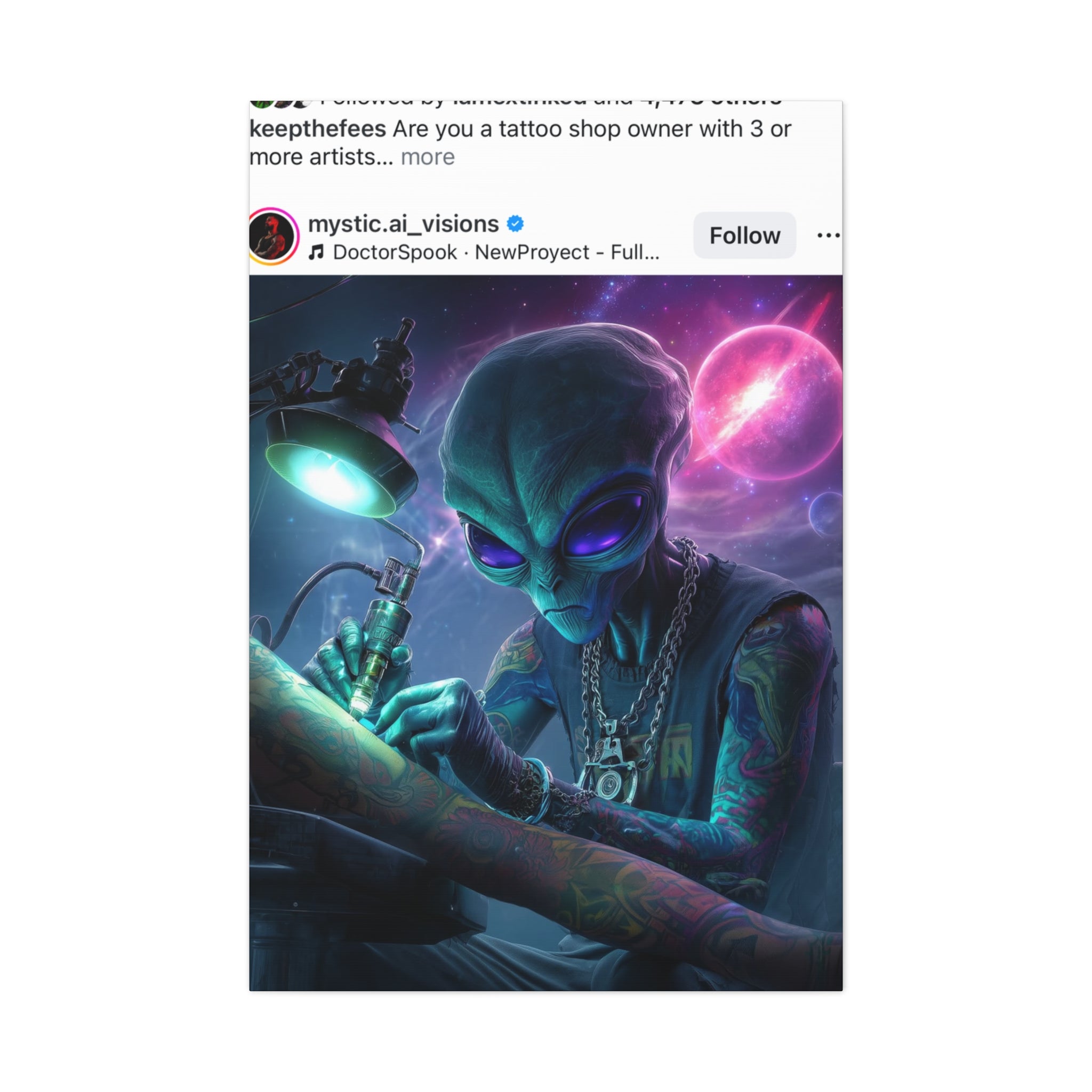 Alien Tattoo Artist Matte Canvas Print — Sci‑Fi Wall Art for Gamers & Nerd Decor