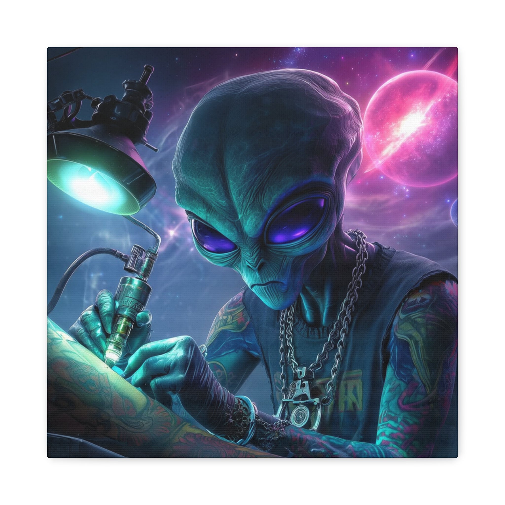 Alien Tattoo Artist Matte Canvas Print — Sci‑Fi Wall Art for Gamers & Nerd Decor
