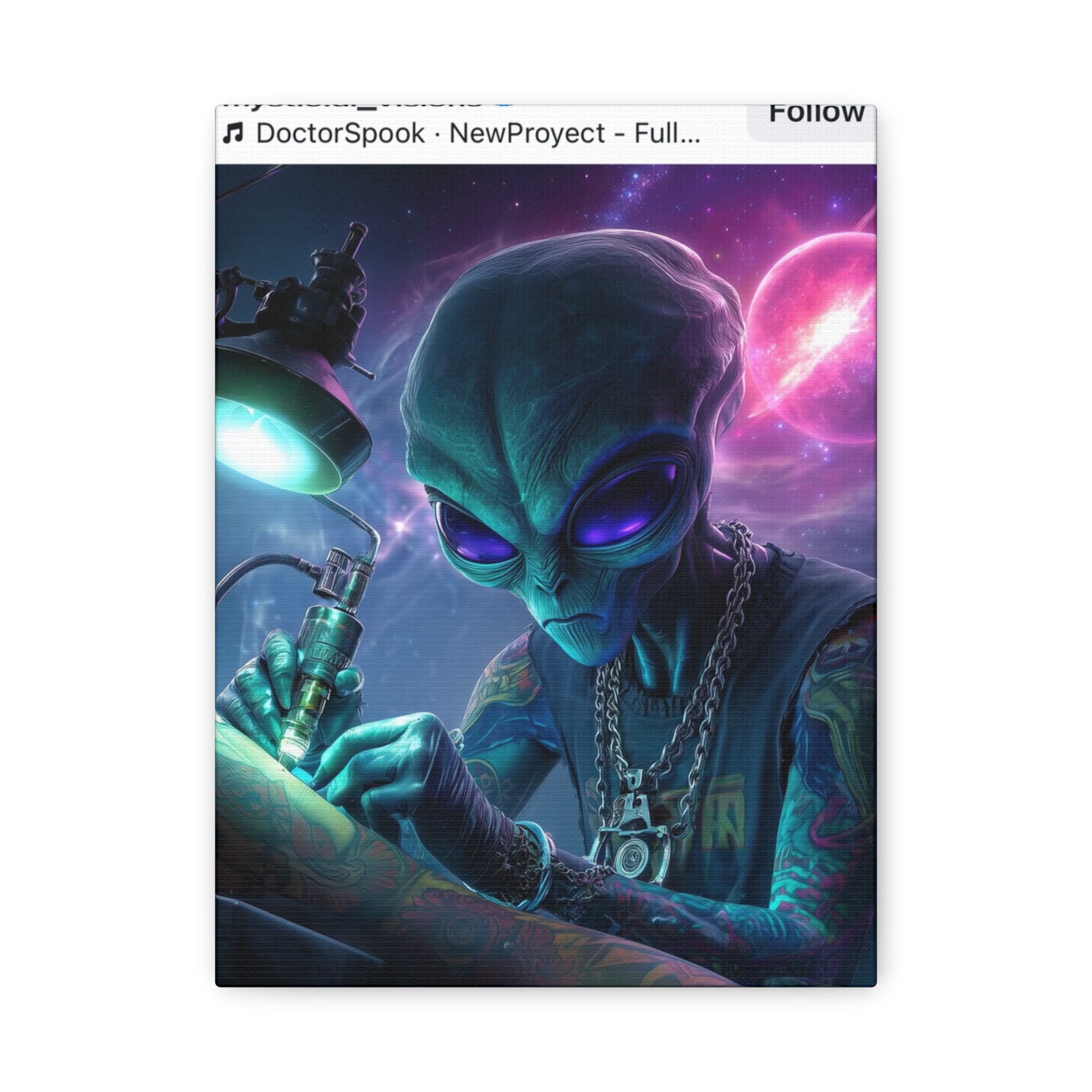 Alien Tattoo Artist Matte Canvas Print — Sci‑Fi Wall Art for Gamers & Nerd Decor