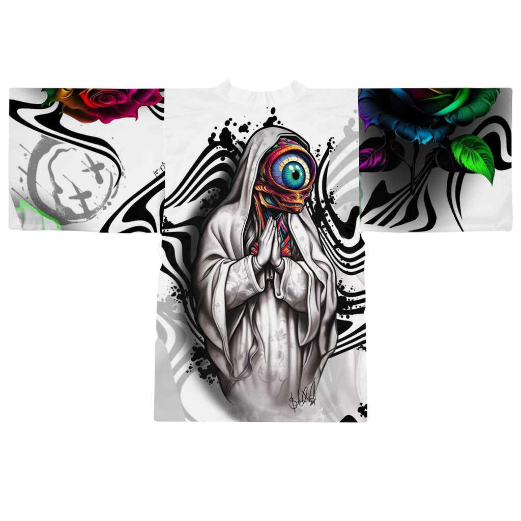 Psychedelic Kimono Robe — Colorful Surreal Rose & Hand Graphic by Artist Mizz Extinked