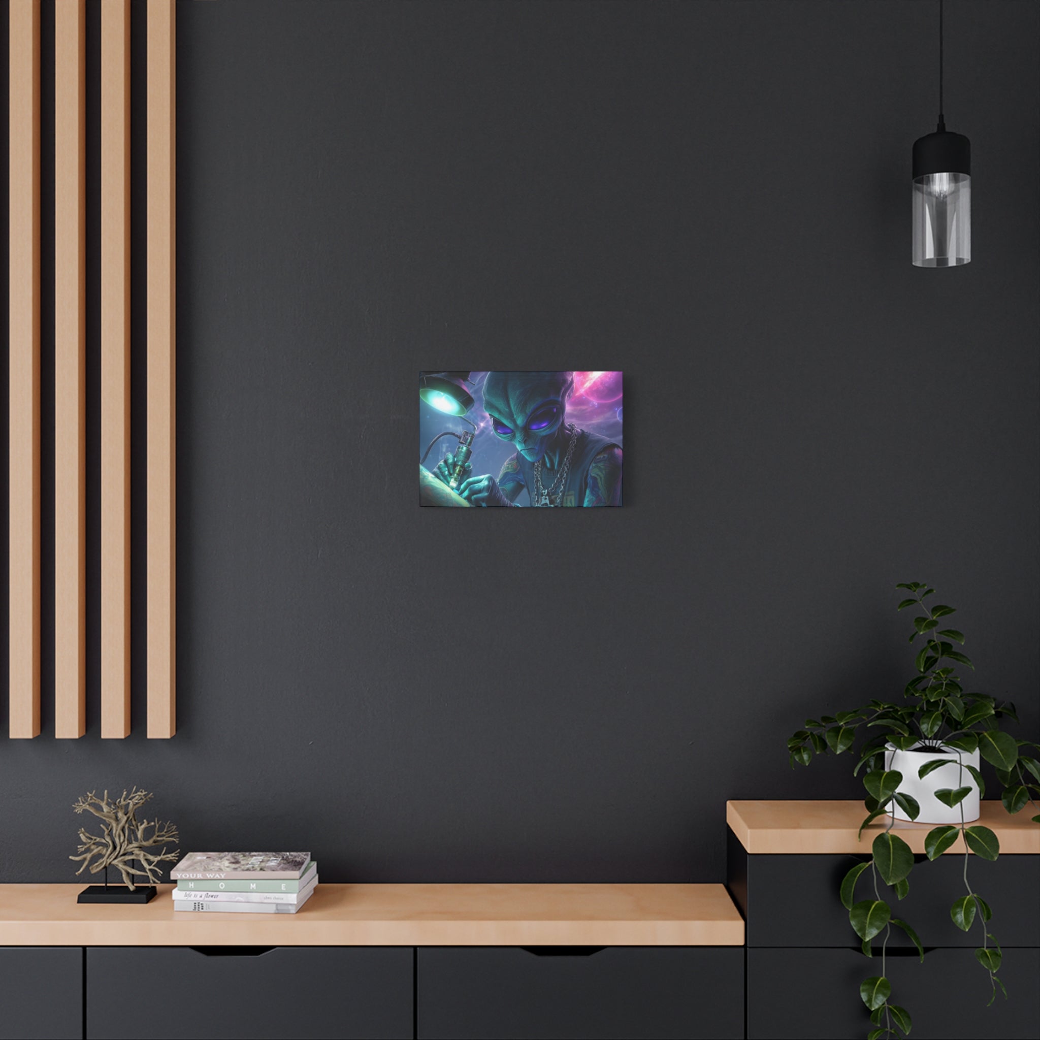 Alien Tattoo Artist Matte Canvas Print — Sci‑Fi Wall Art for Gamers & Nerd Decor