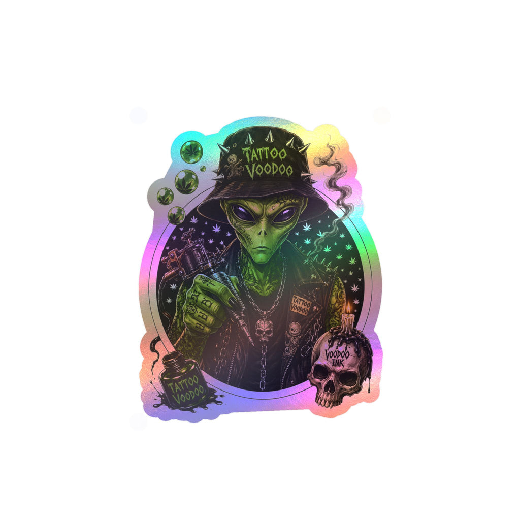 Alien Voodoo Tattoo Kiss-Cut Vinyl Decal — Green Alien with Skull & Smoke