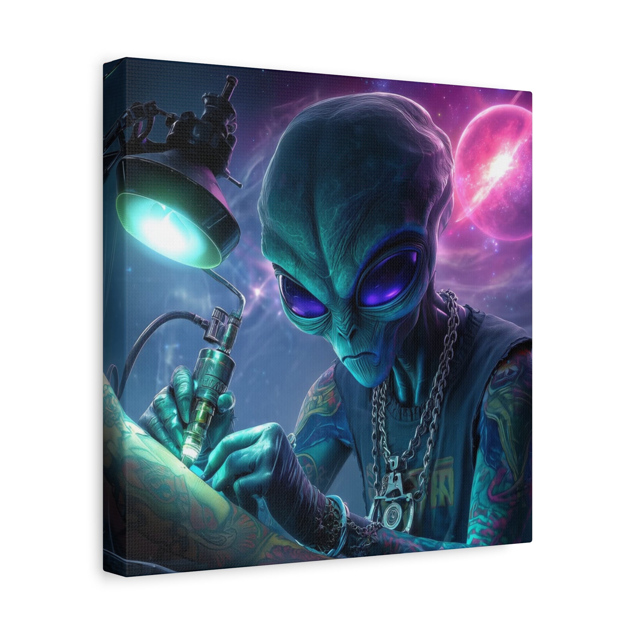 Alien Tattoo Artist Matte Canvas Print — Sci‑Fi Wall Art for Gamers & Nerd Decor