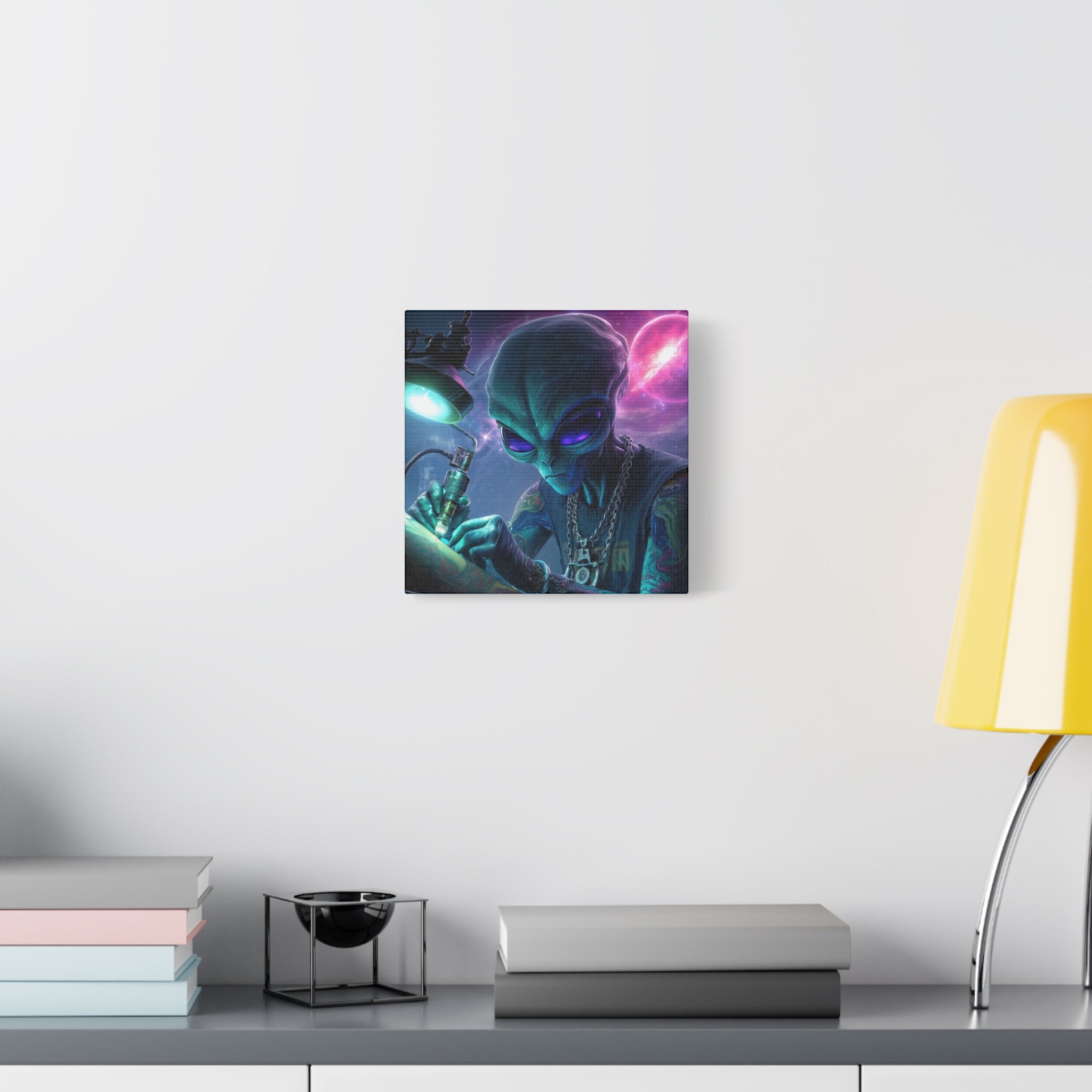 Alien Tattoo Artist Matte Canvas Print — Sci‑Fi Wall Art for Gamers & Nerd Decor