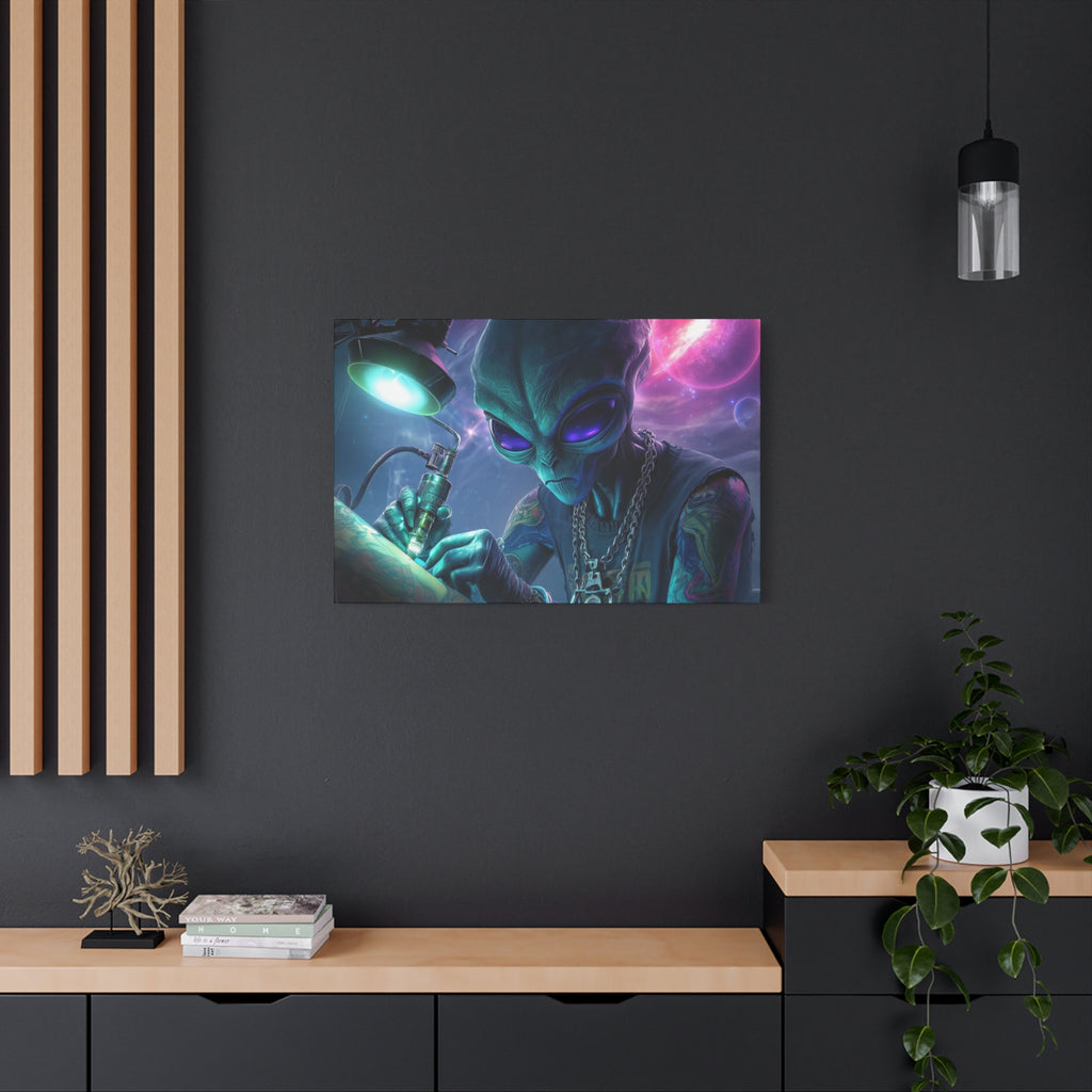 Alien Tattoo Artist Matte Canvas Print — Sci‑Fi Wall Art for Gamers & Nerd Decor