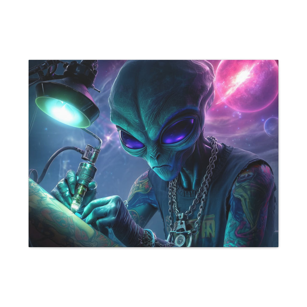 Alien Tattoo Artist Matte Canvas Print — Sci‑Fi Wall Art for Gamers & Nerd Decor