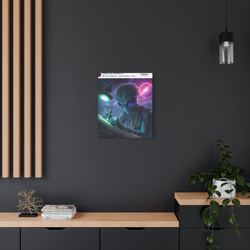 Alien Tattoo Artist Matte Canvas Print — Sci‑Fi Wall Art for Gamers & Nerd Decor