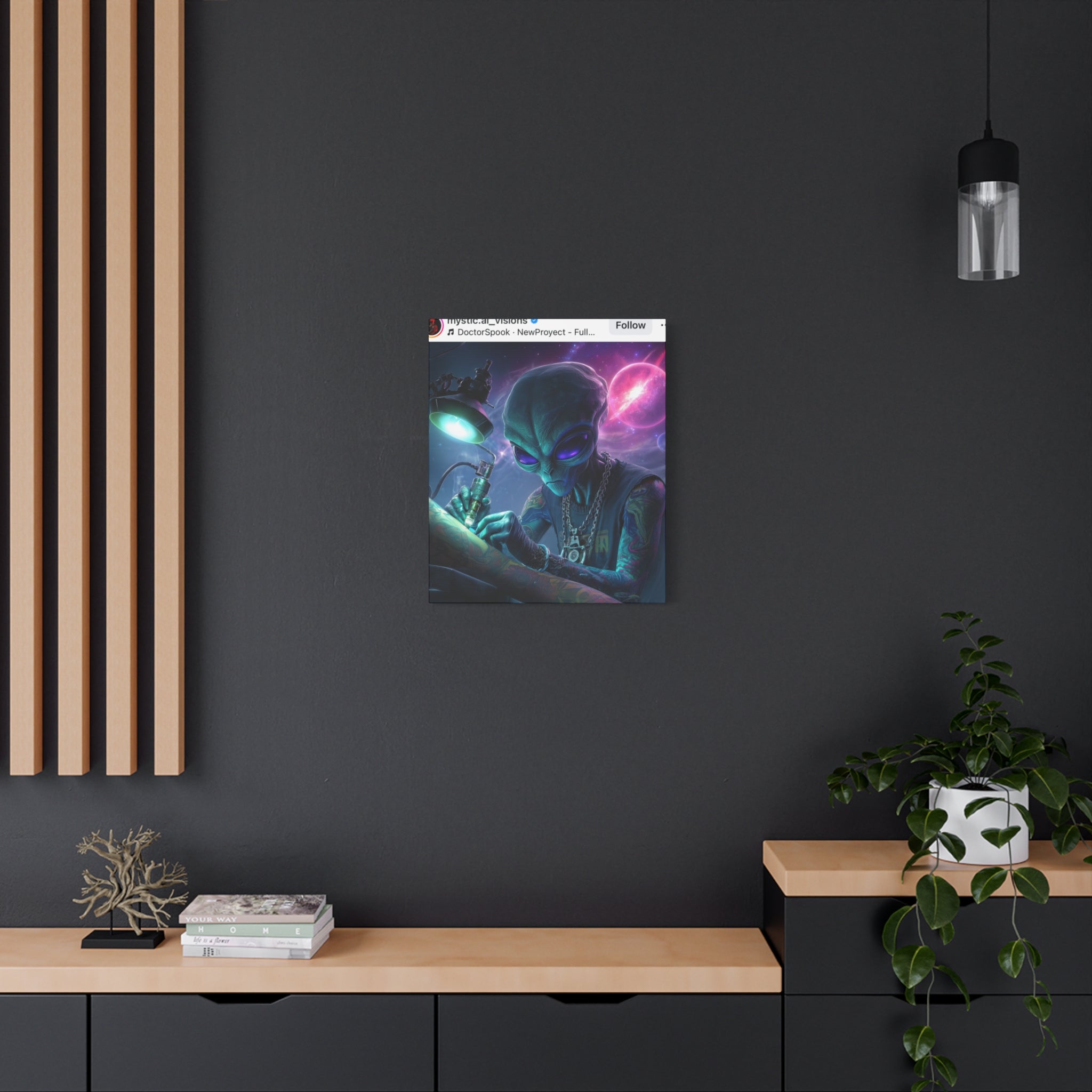 Alien Tattoo Artist Matte Canvas Print — Sci‑Fi Wall Art for Gamers & Nerd Decor