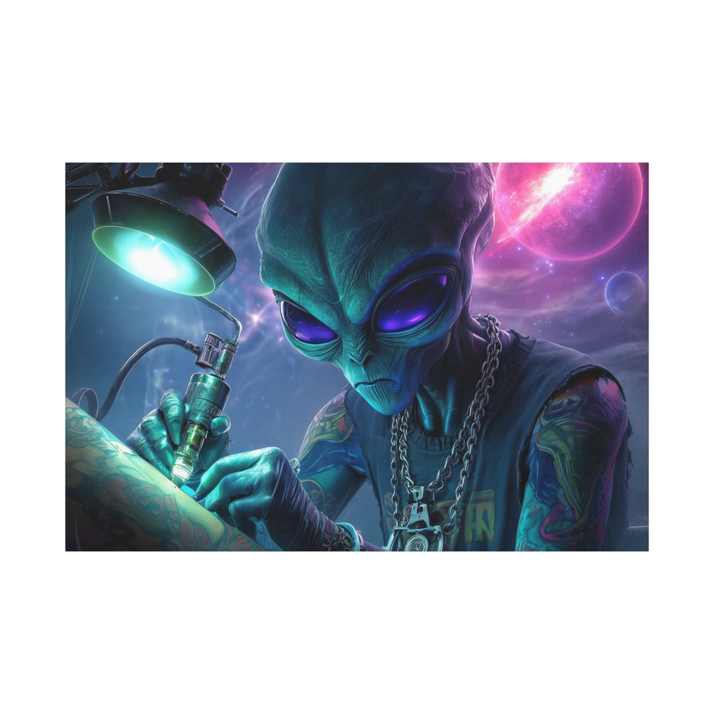 Alien Tattoo Artist Matte Canvas Print — Sci‑Fi Wall Art for Gamers & Nerd Decor