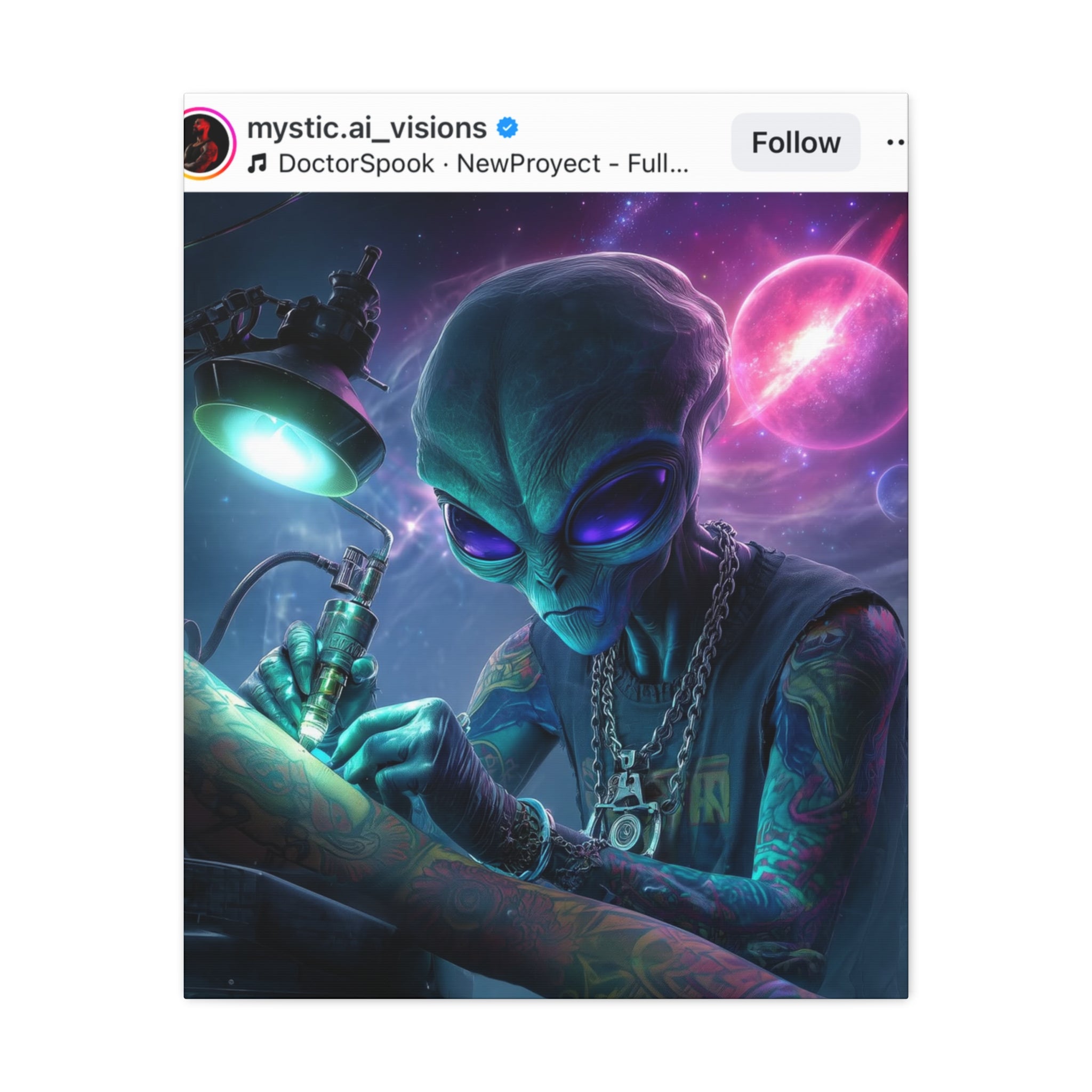 Alien Tattoo Artist Matte Canvas Print — Sci‑Fi Wall Art for Gamers & Nerd Decor