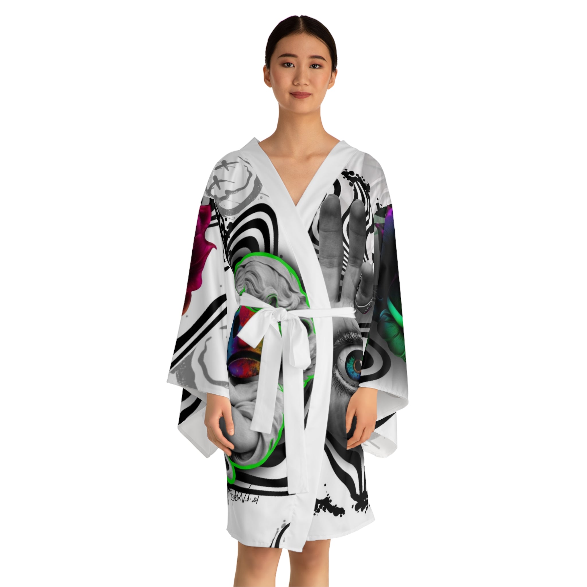 Psychedelic Kimono Robe — Colorful Surreal Rose & Hand Graphic by Artist Mizz Extinked