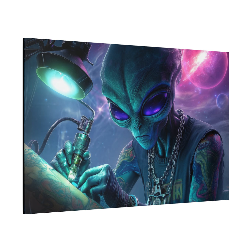 Alien Tattoo Artist Matte Canvas Print — Sci‑Fi Wall Art for Gamers & Nerd Decor