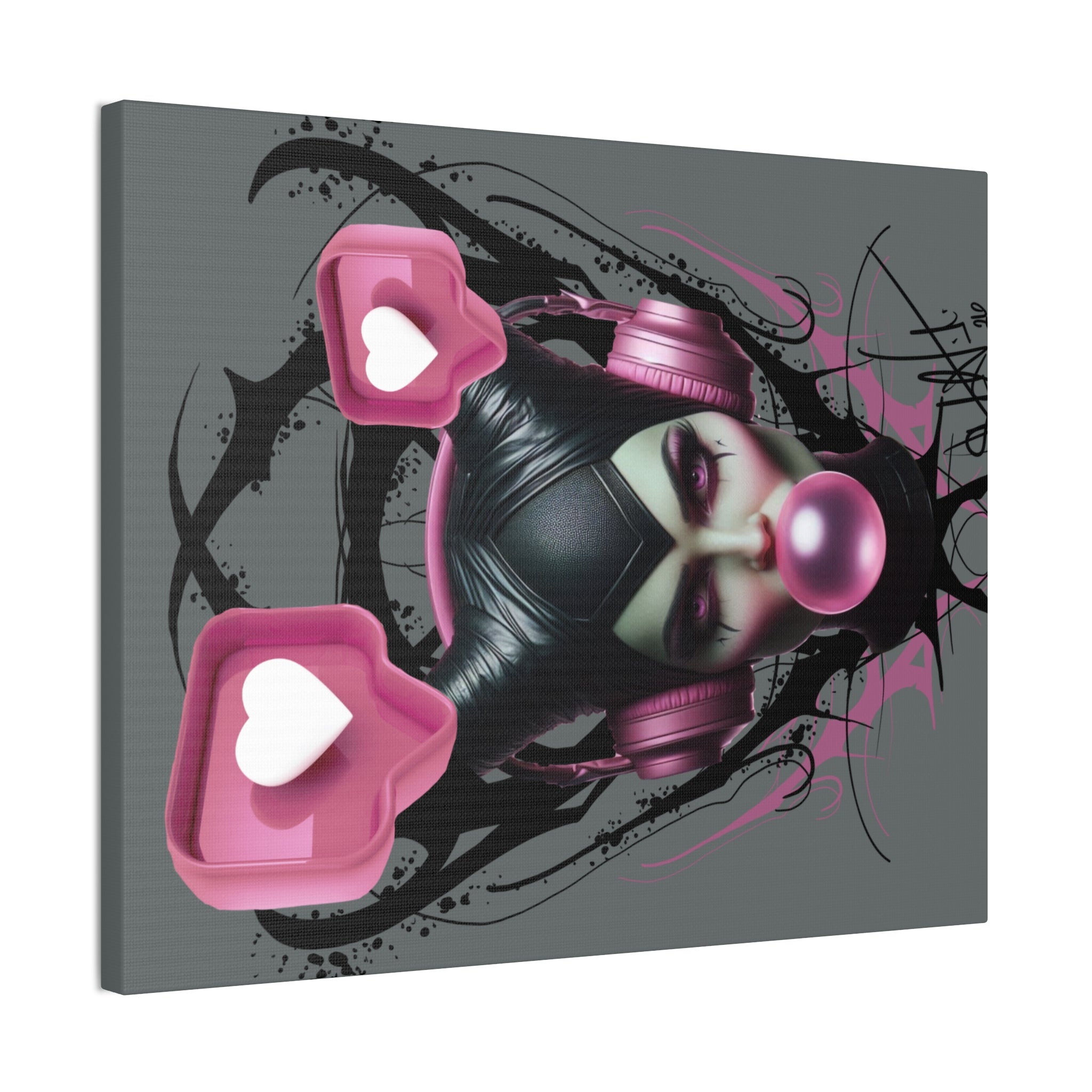 Gothic Pop Art Canvas Print — Pink Headphones & Bubblegum Femme