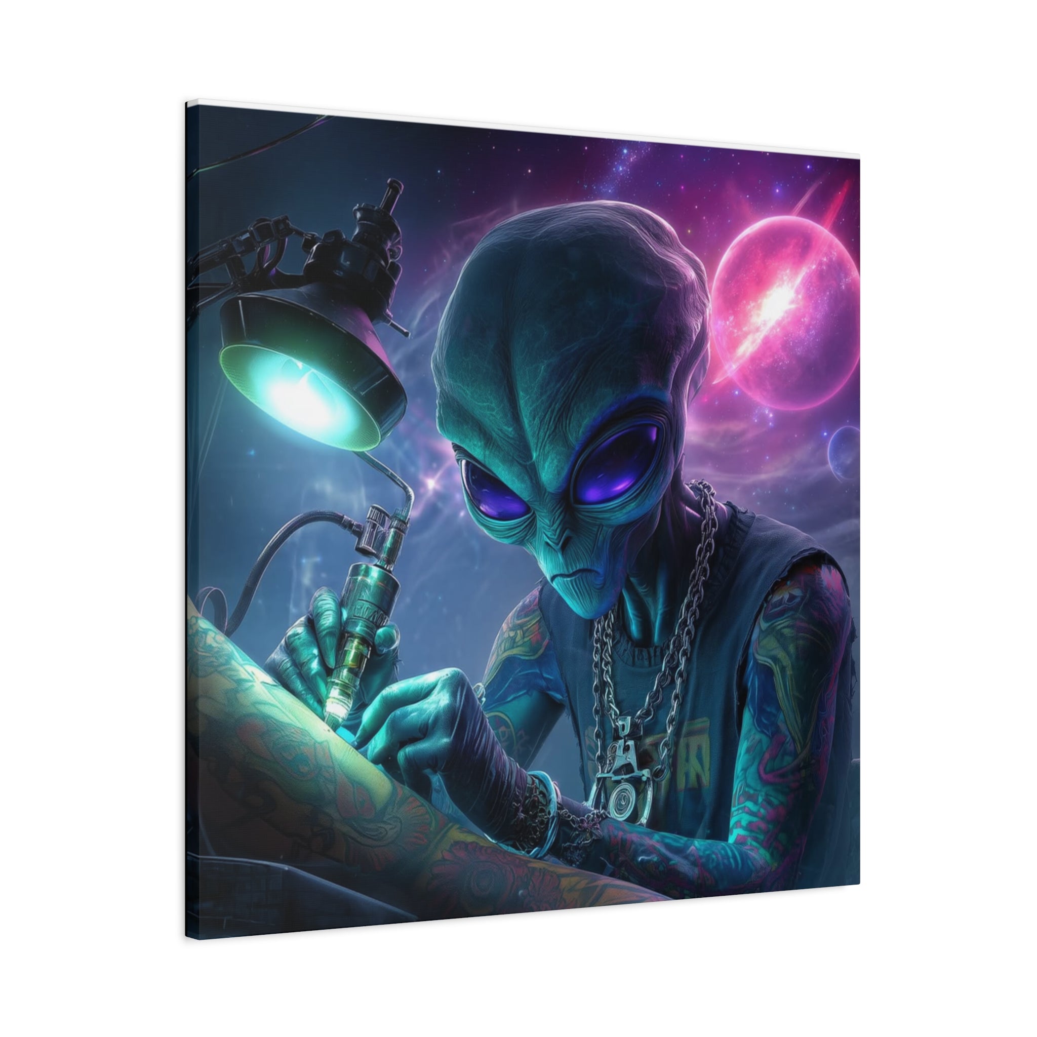 Alien Tattoo Artist Matte Canvas Print — Sci‑Fi Wall Art for Gamers & Nerd Decor