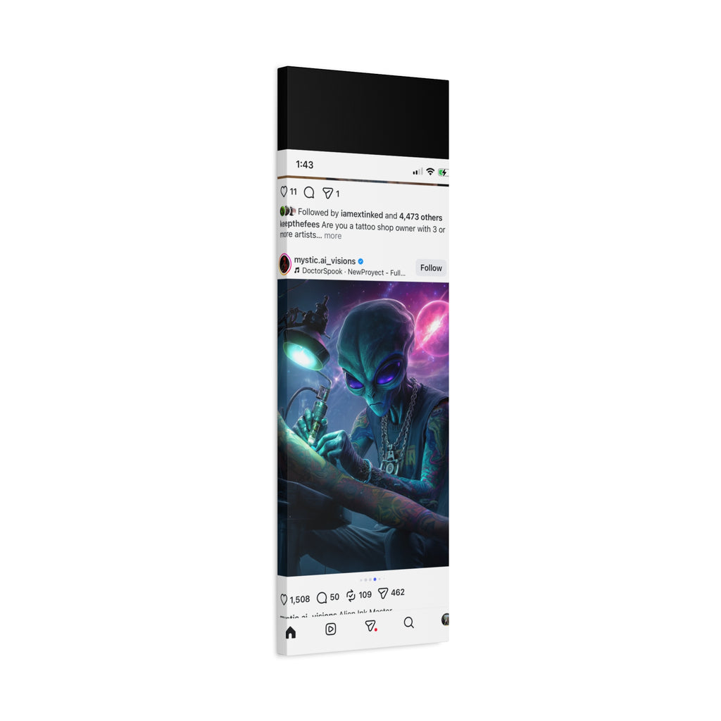 Alien Tattoo Artist Matte Canvas Print — Sci‑Fi Wall Art for Gamers & Nerd Decor