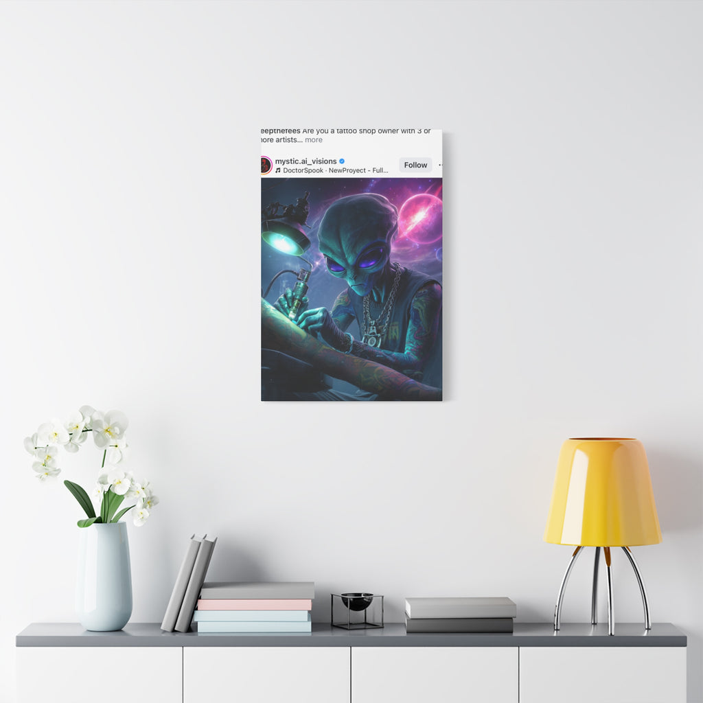 Alien Tattoo Artist Matte Canvas Print — Sci‑Fi Wall Art for Gamers & Nerd Decor