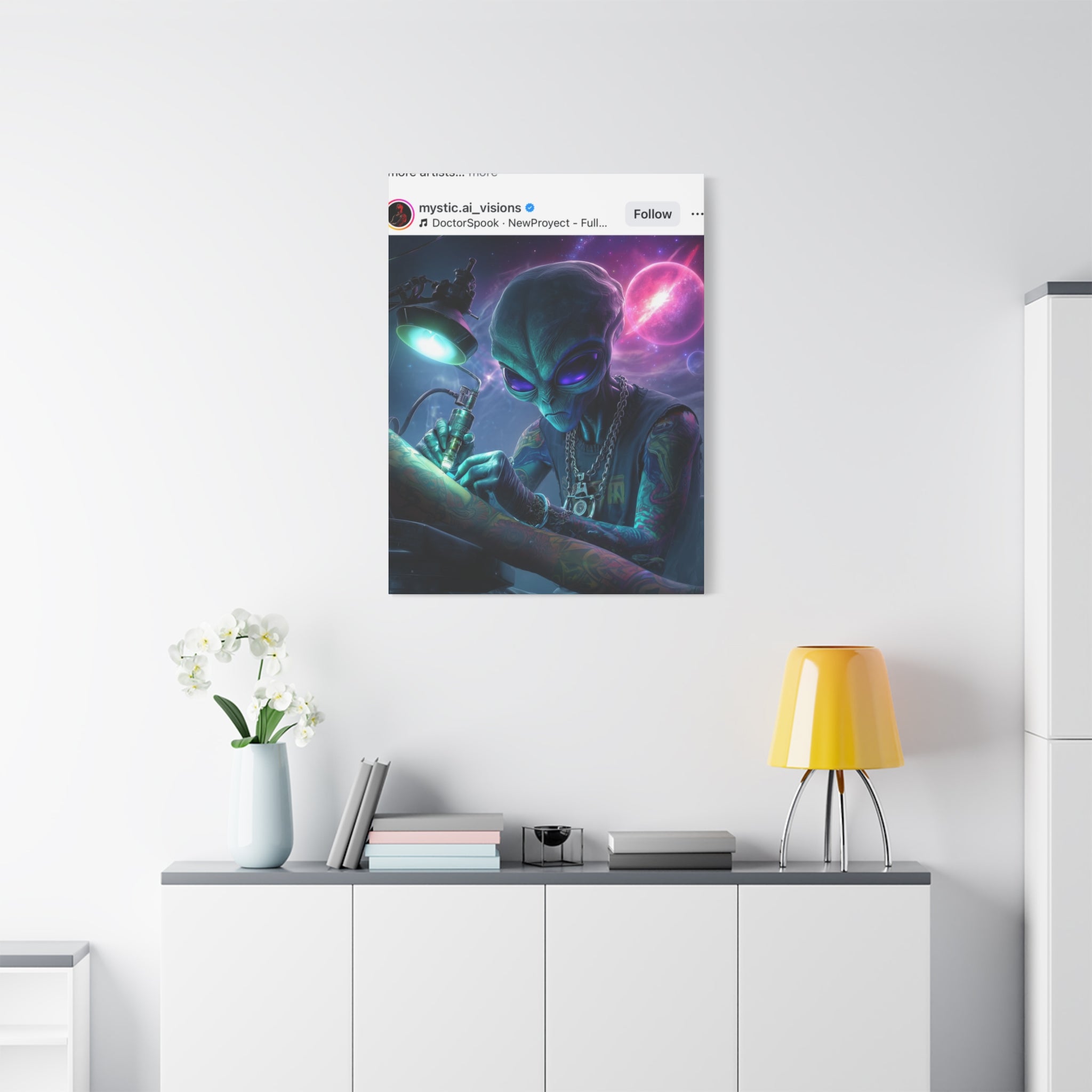 Alien Tattoo Artist Matte Canvas Print — Sci‑Fi Wall Art for Gamers & Nerd Decor
