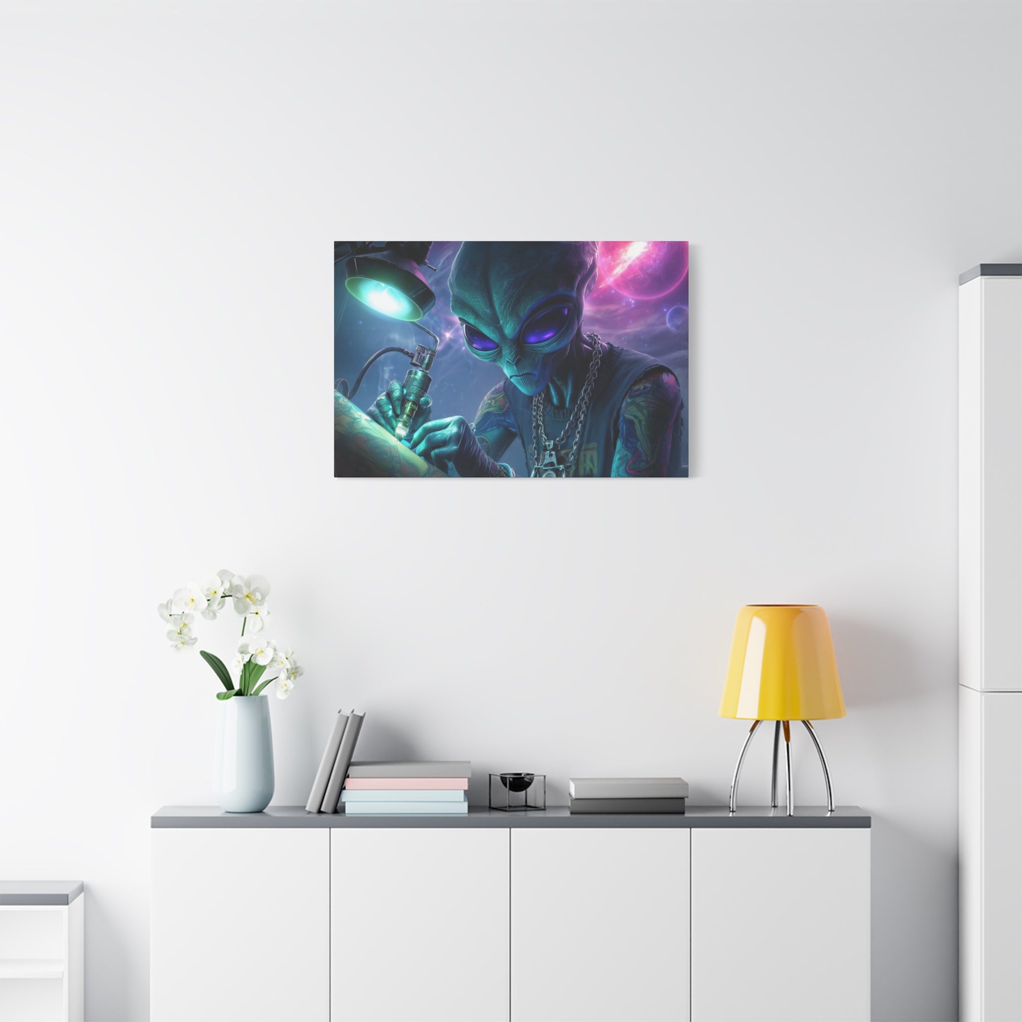 Alien Tattoo Artist Matte Canvas Print — Sci‑Fi Wall Art for Gamers & Nerd Decor