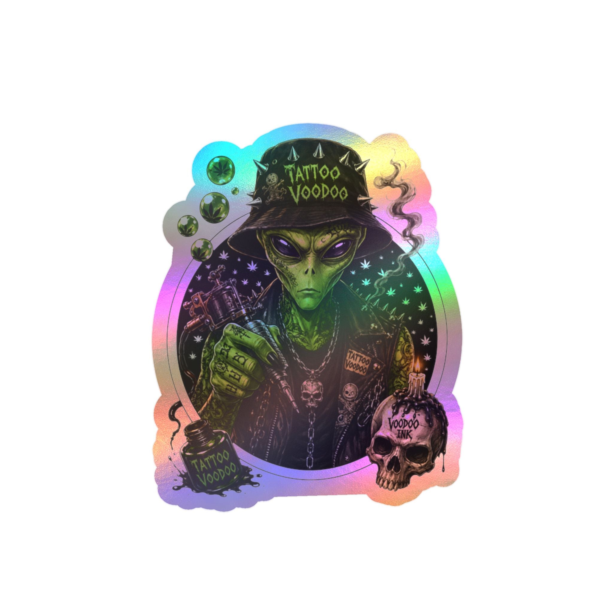 Alien Voodoo Tattoo Kiss-Cut Vinyl Decal — Green Alien with Skull & Smoke