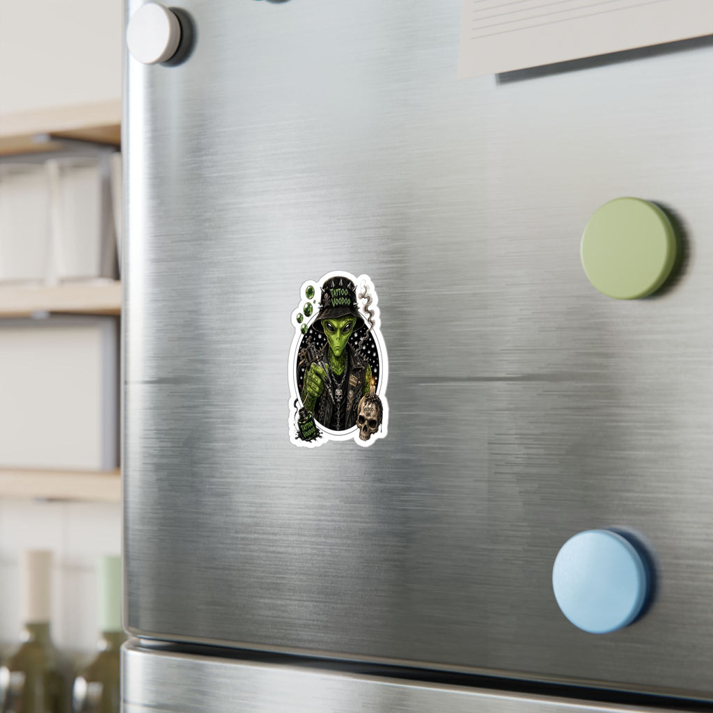 Alien Voodoo Tattoo Kiss-Cut Vinyl Decal — Green Alien with Skull & Smoke