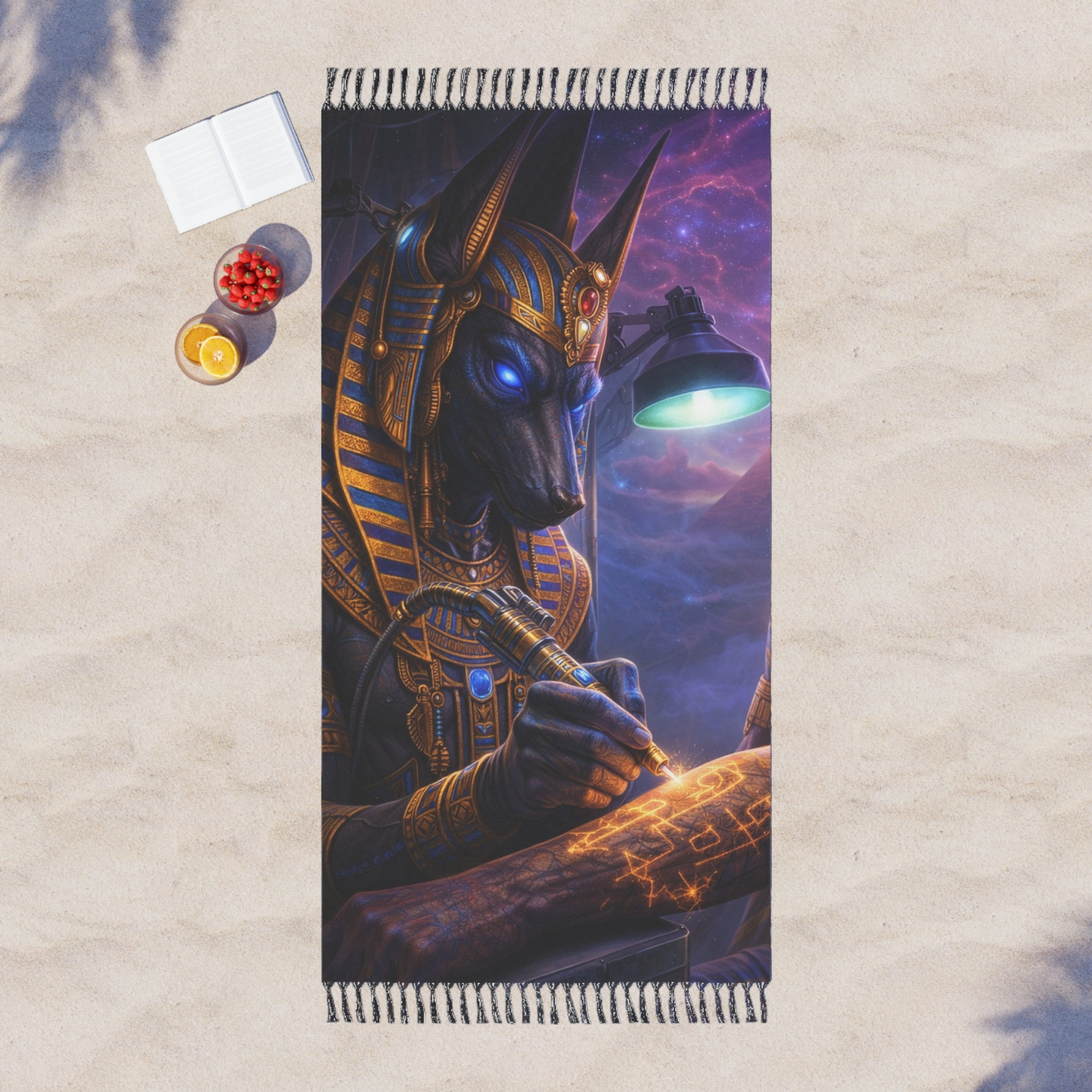 Anubis Cosmic Beach Towel — Egyptian God Design, Mystical Boho Surf Throw