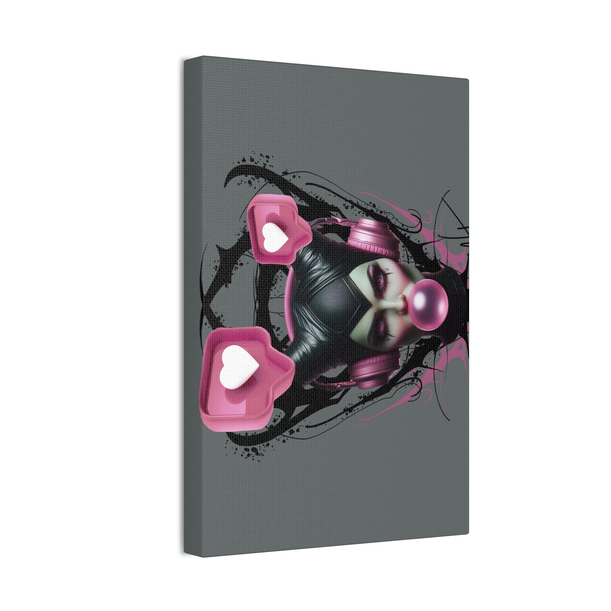 Gothic Pop Art Canvas Print — Pink Headphones & Bubblegum Femme