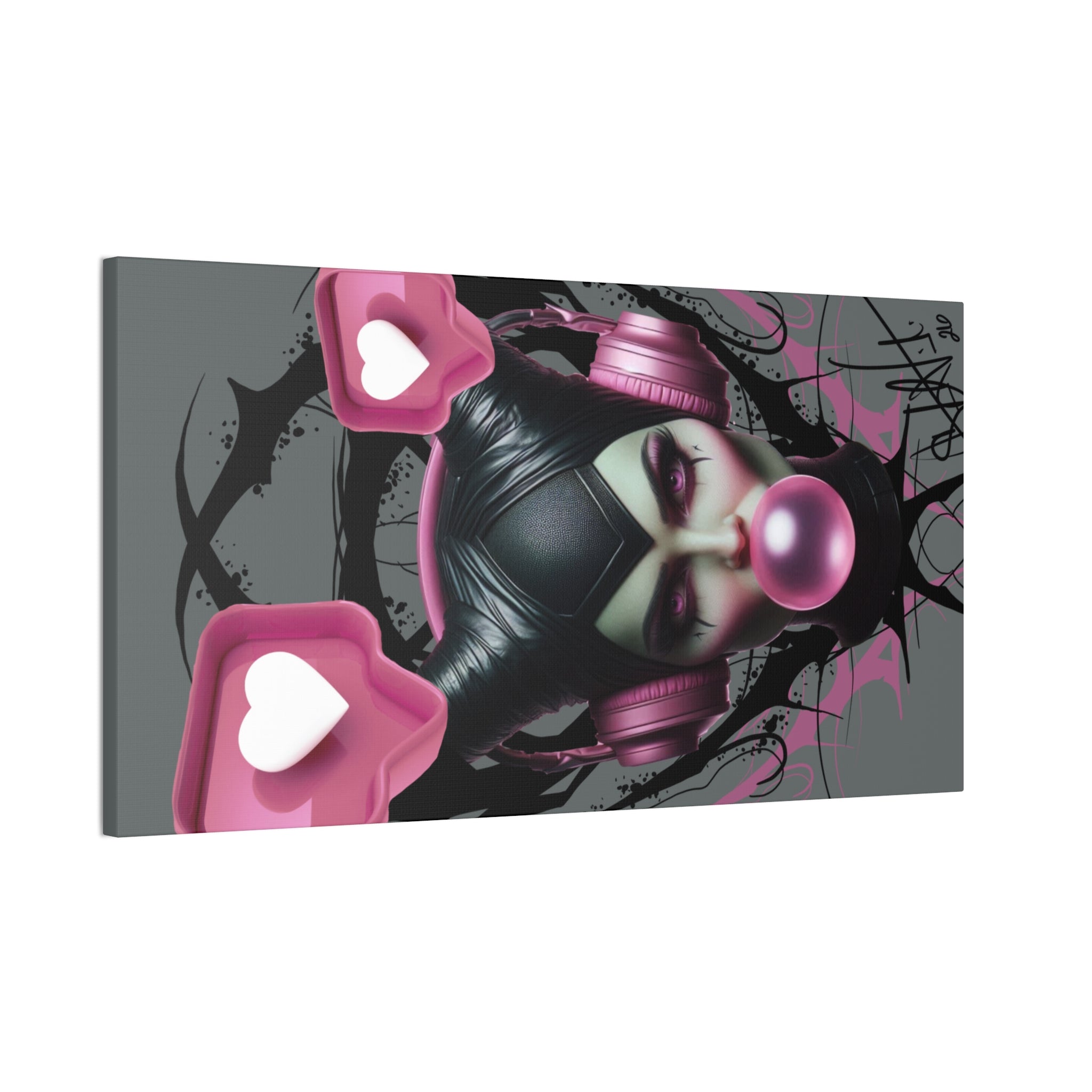 Gothic Pop Art Canvas Print — Pink Headphones & Bubblegum Femme