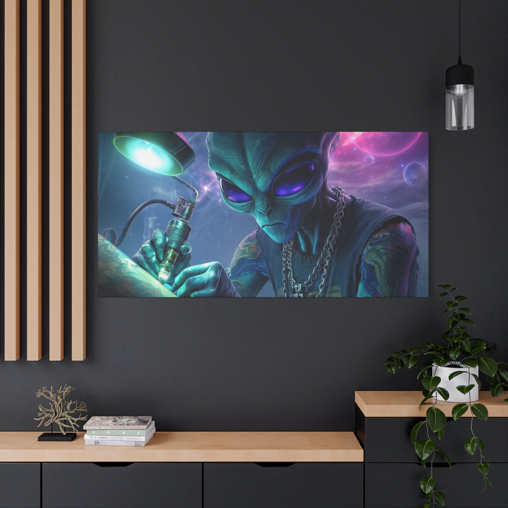 Alien Tattoo Artist Matte Canvas Print — Sci‑Fi Wall Art for Gamers & Nerd Decor