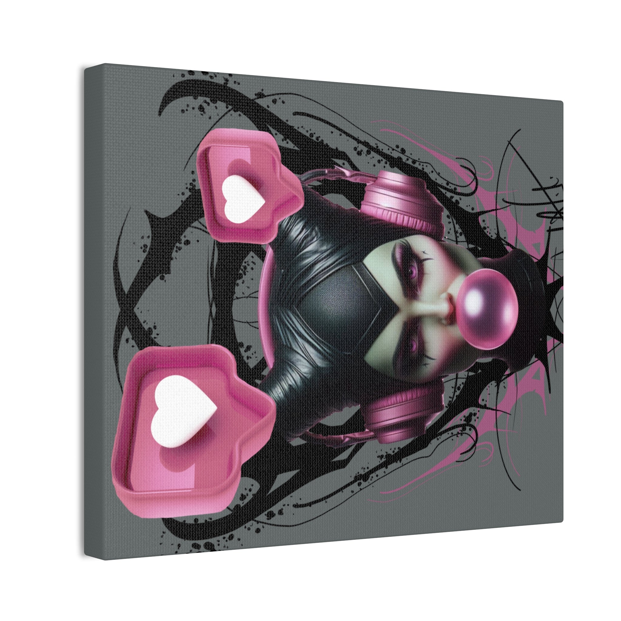 Gothic Pop Art Canvas Print — Pink Headphones & Bubblegum Femme