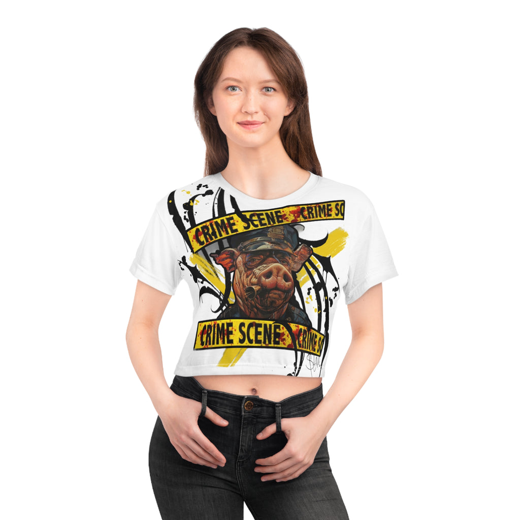 Crime Scene Pig Graphic Crop Tee — Edgy Urban Streetwear Top