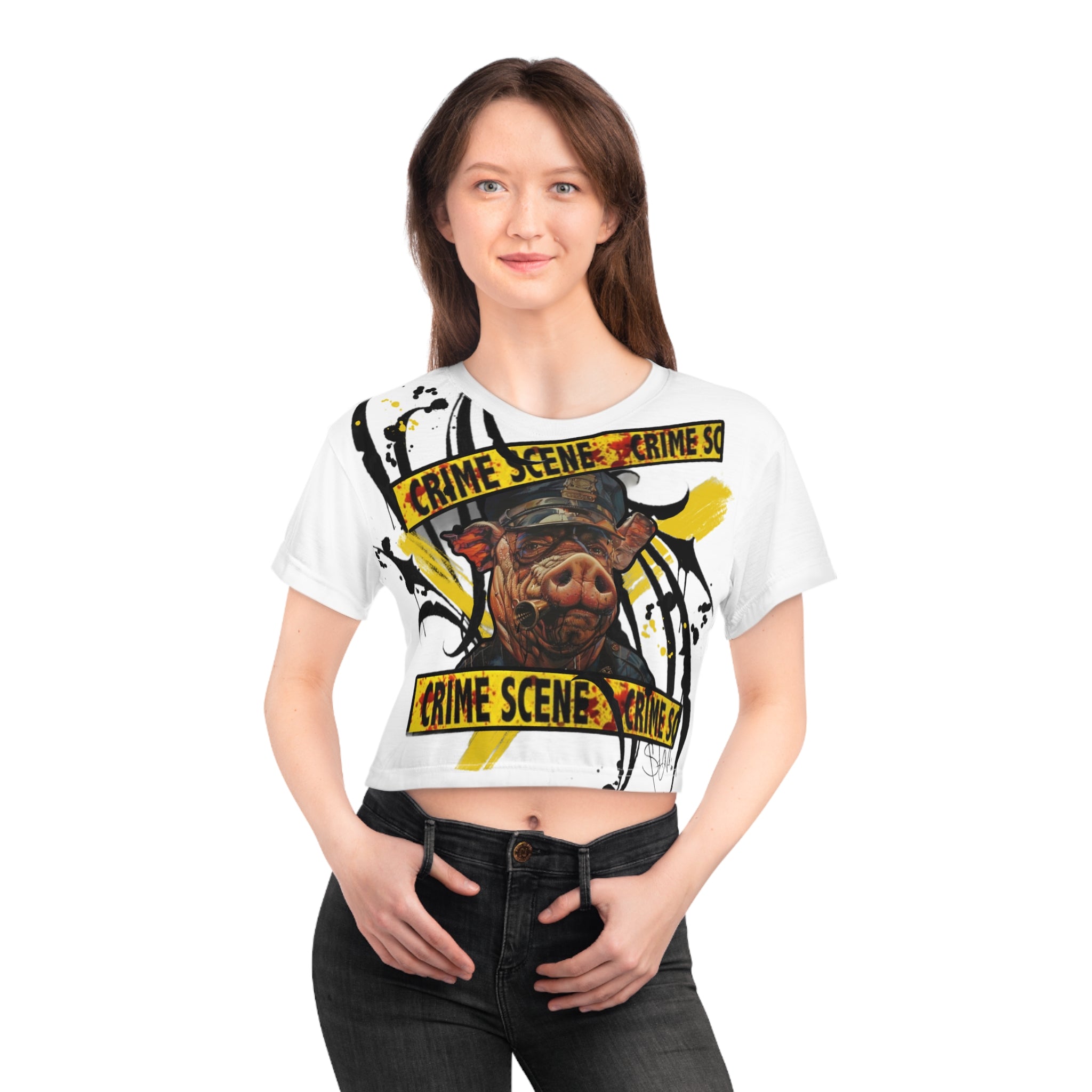Crime Scene Pig Graphic Crop Tee — Edgy Urban Streetwear Top