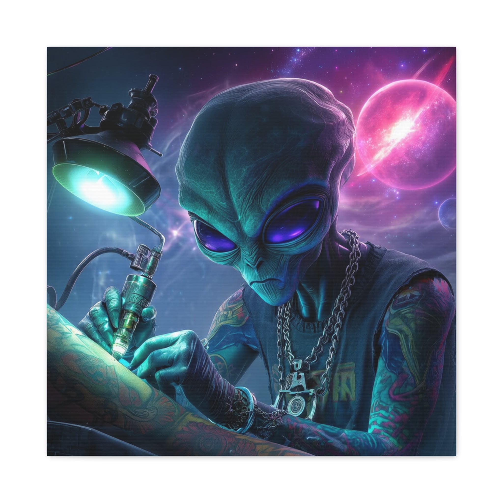 Alien Tattoo Artist Matte Canvas Print — Sci‑Fi Wall Art for Gamers & Nerd Decor