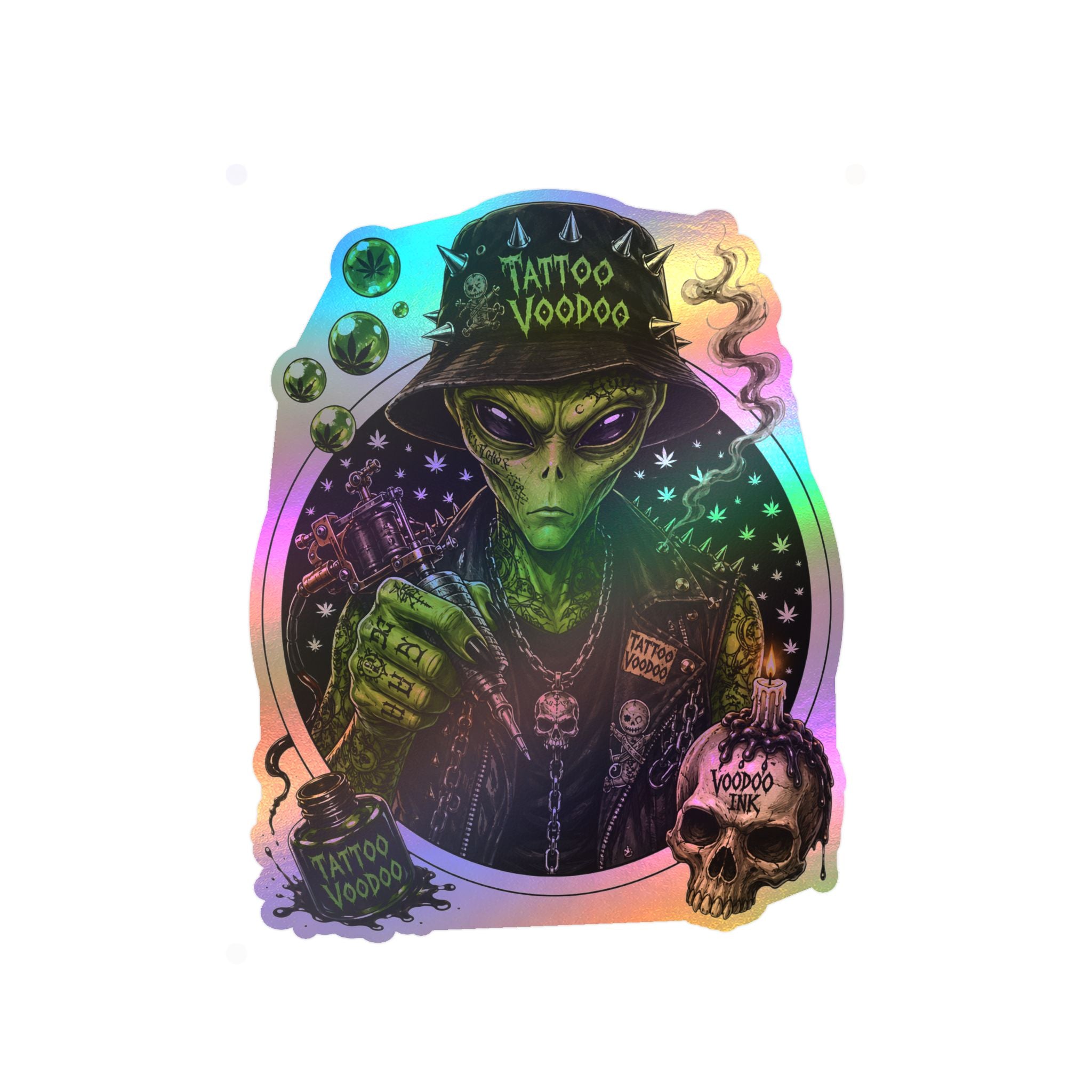 Alien Voodoo Tattoo Kiss-Cut Vinyl Decal — Green Alien with Skull & Smoke
