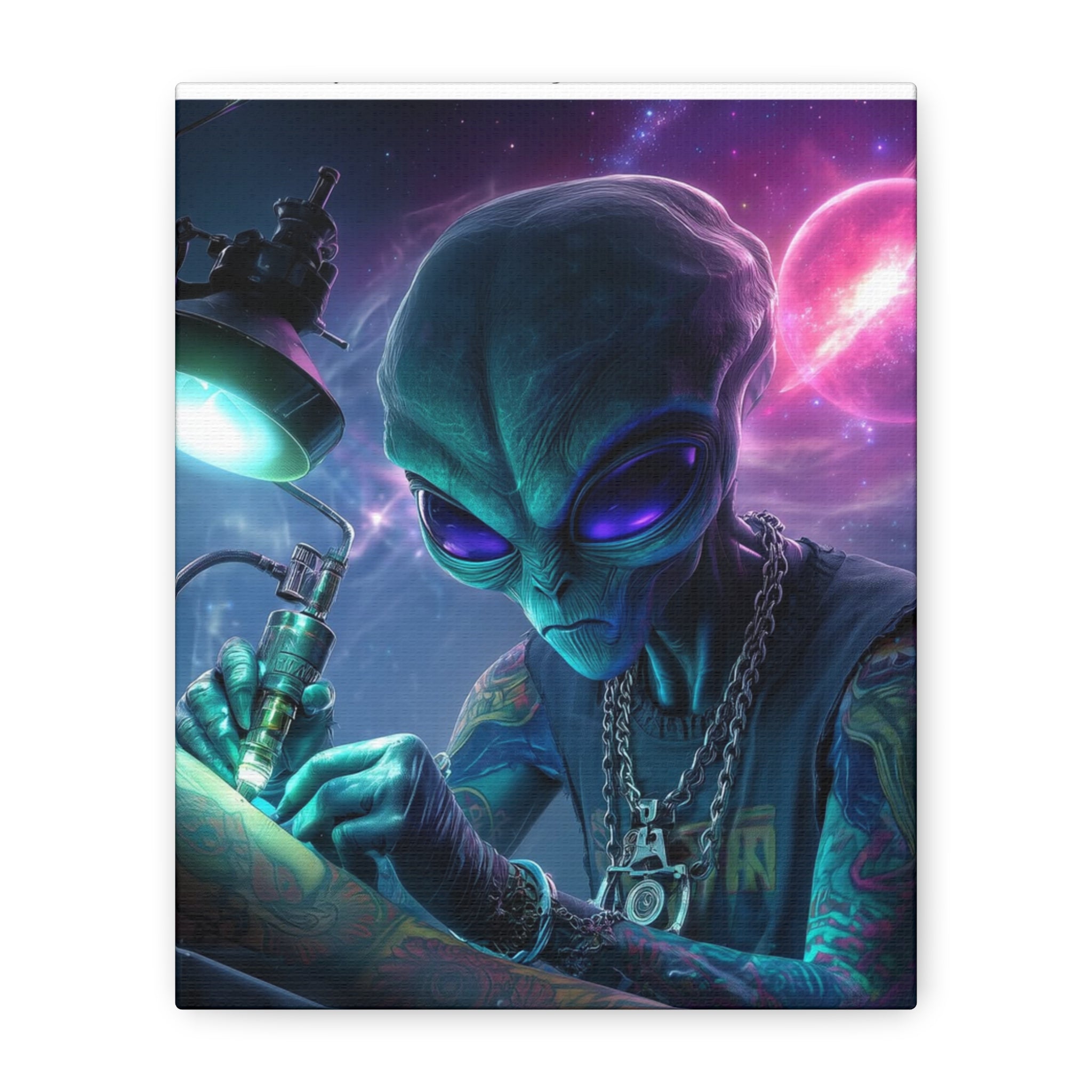 Alien Tattoo Artist Matte Canvas Print — Sci‑Fi Wall Art for Gamers & Nerd Decor