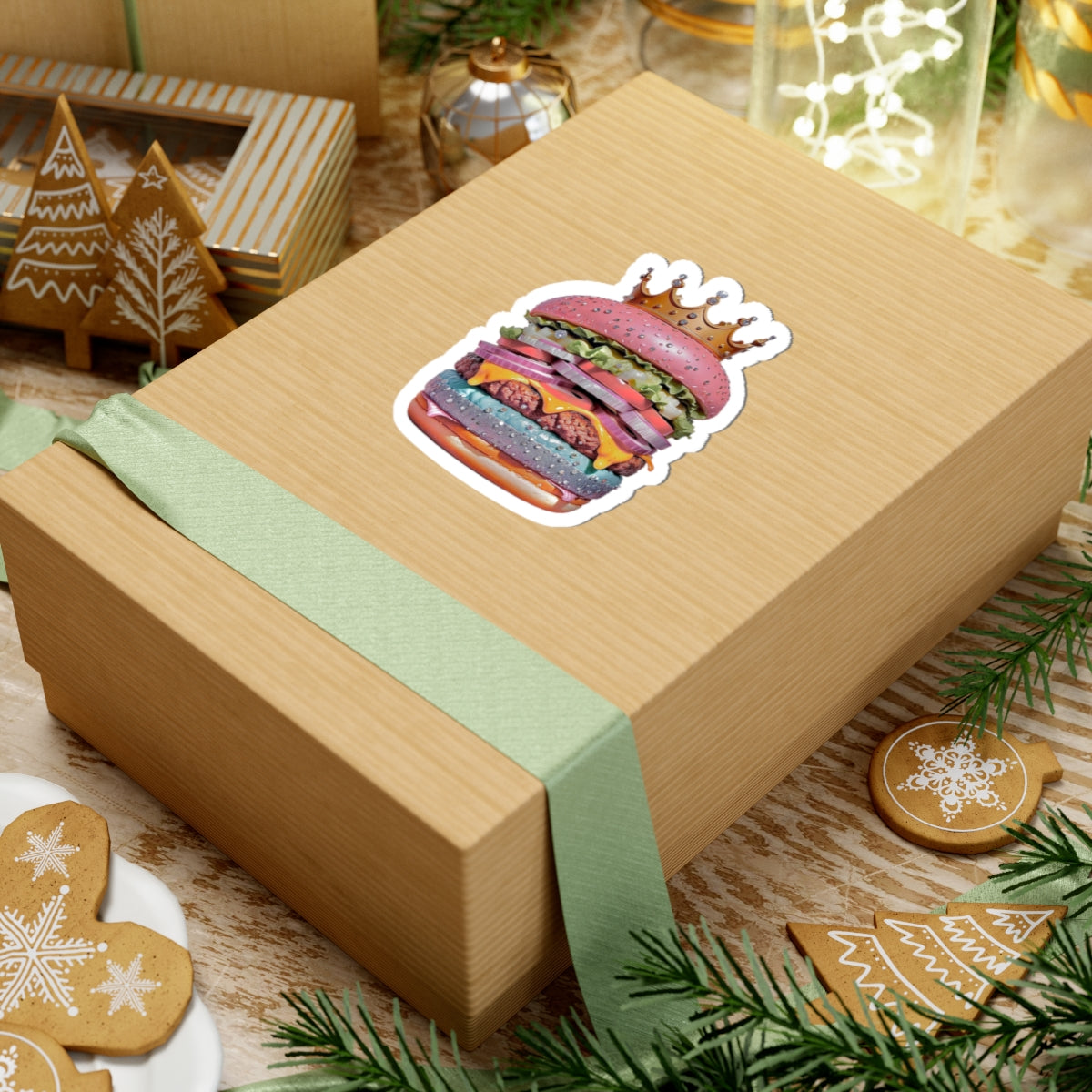 Royal Rainbow Burger Kiss-Cut Sticker — Funky Crowned Cheeseburger Decal