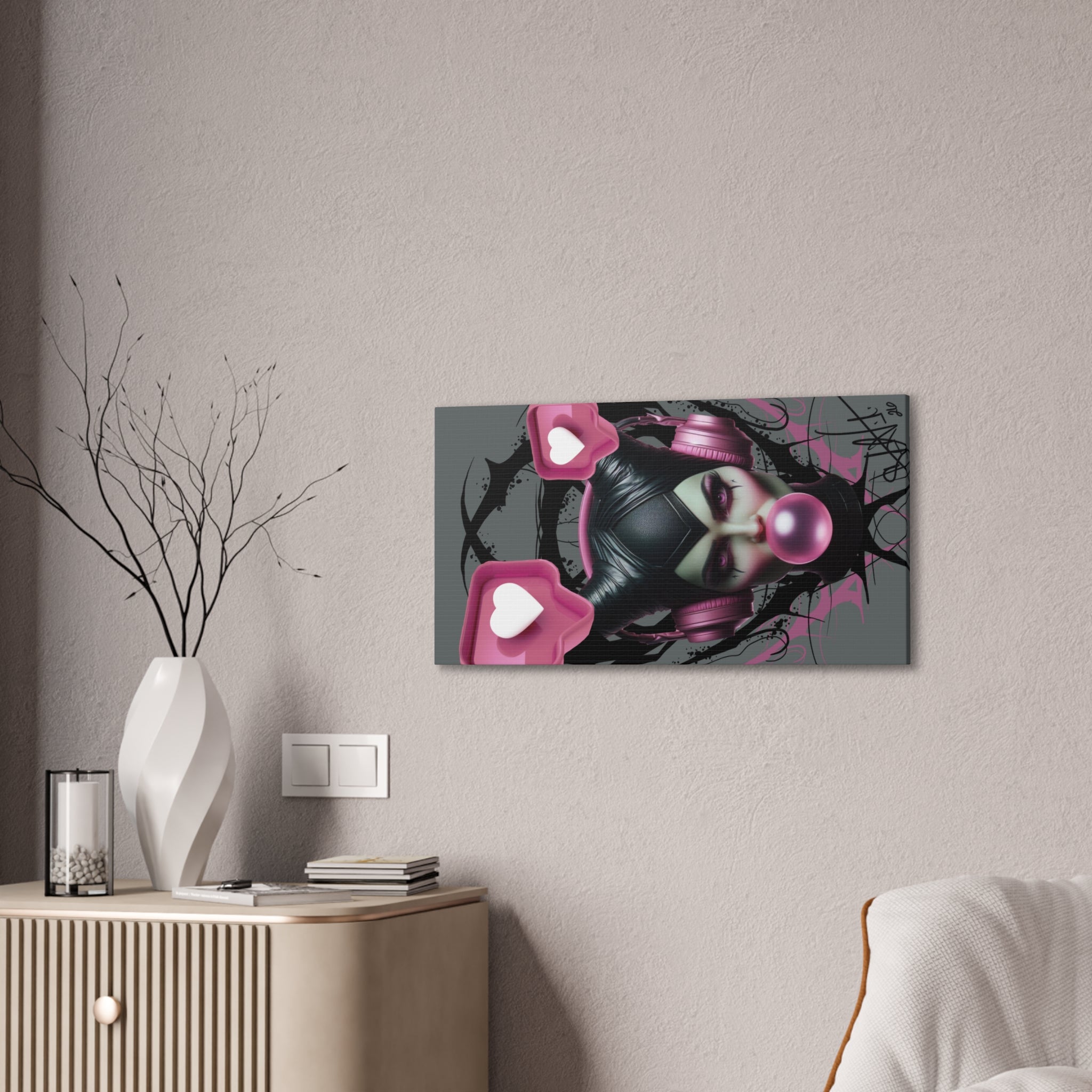 Gothic Pop Art Canvas Print — Pink Headphones & Bubblegum Femme