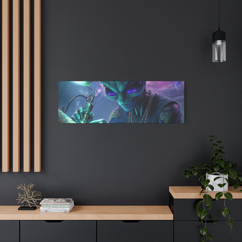 Alien Tattoo Artist Matte Canvas Print — Sci‑Fi Wall Art for Gamers & Nerd Decor