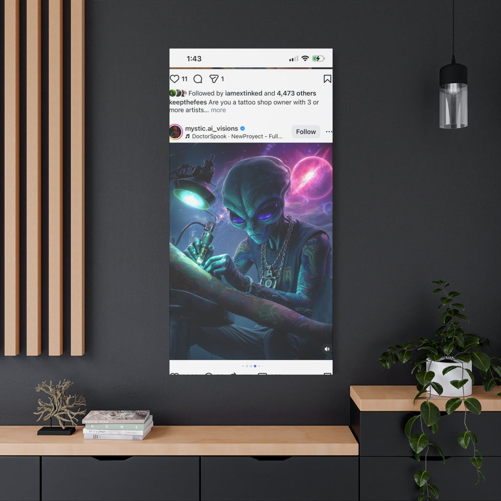 Alien Tattoo Artist Matte Canvas Print — Sci‑Fi Wall Art for Gamers & Nerd Decor