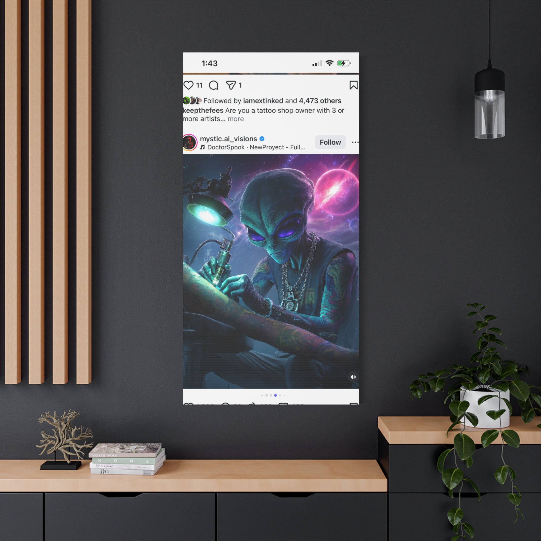 Alien Tattoo Artist Matte Canvas Print — Sci‑Fi Wall Art for Gamers & Nerd Decor