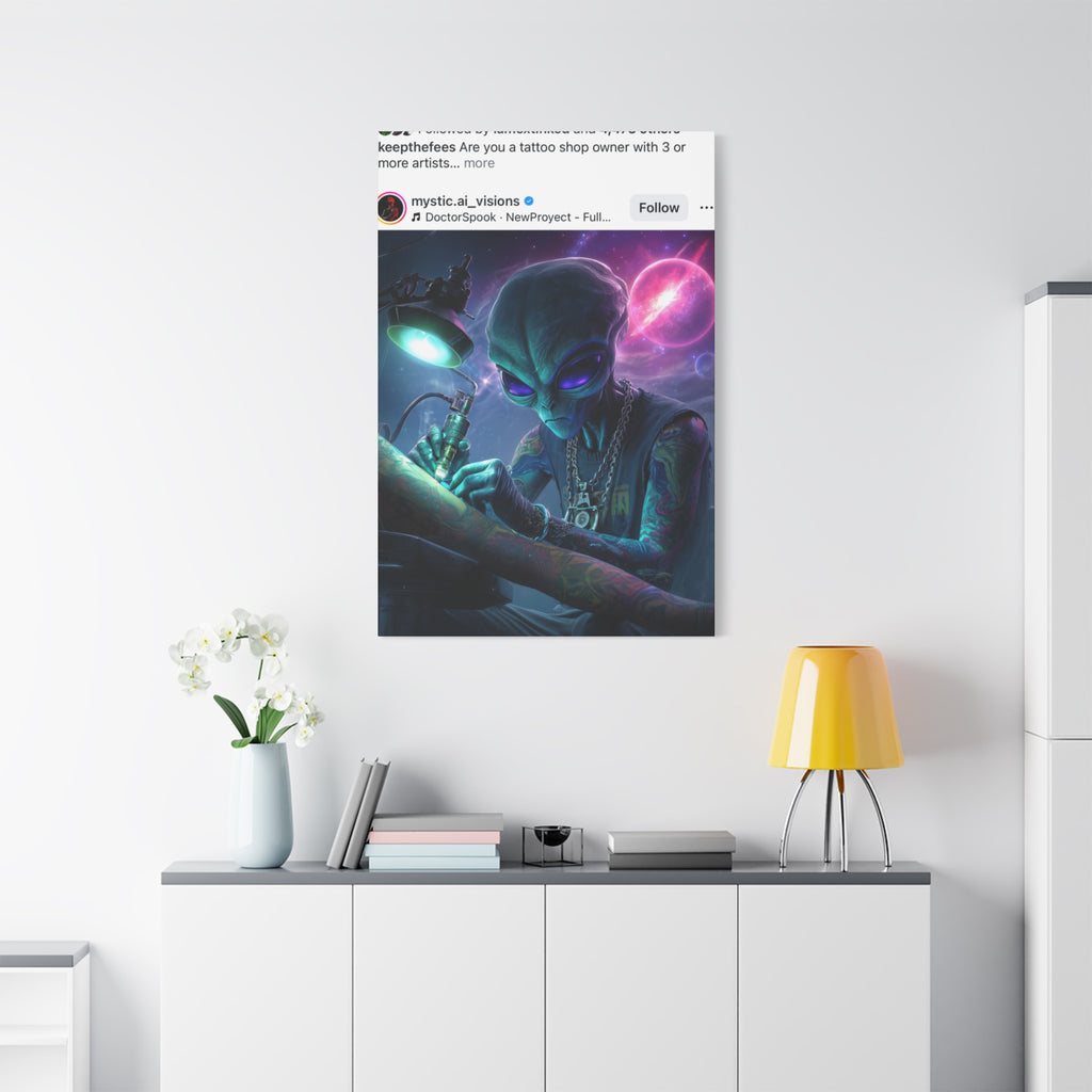 Alien Tattoo Artist Matte Canvas Print — Sci‑Fi Wall Art for Gamers & Nerd Decor