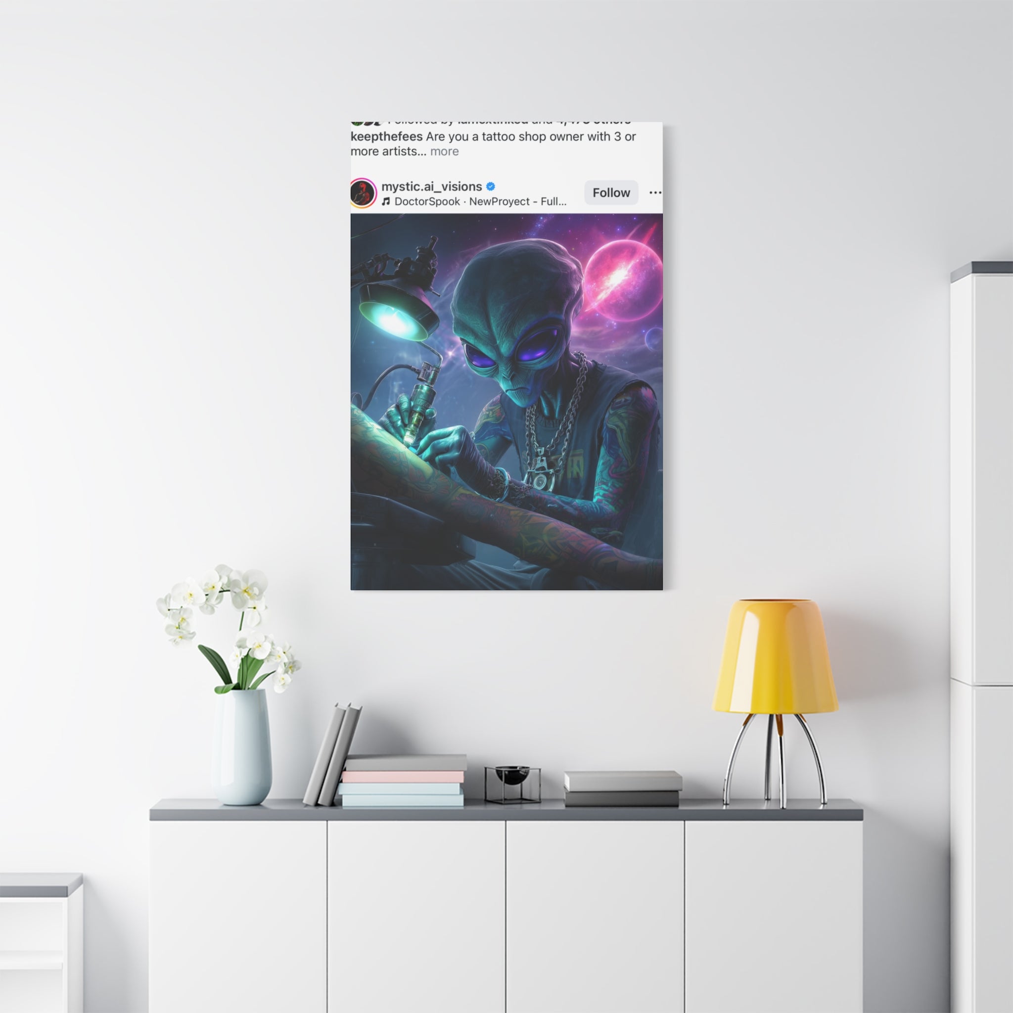 Alien Tattoo Artist Matte Canvas Print — Sci‑Fi Wall Art for Gamers & Nerd Decor