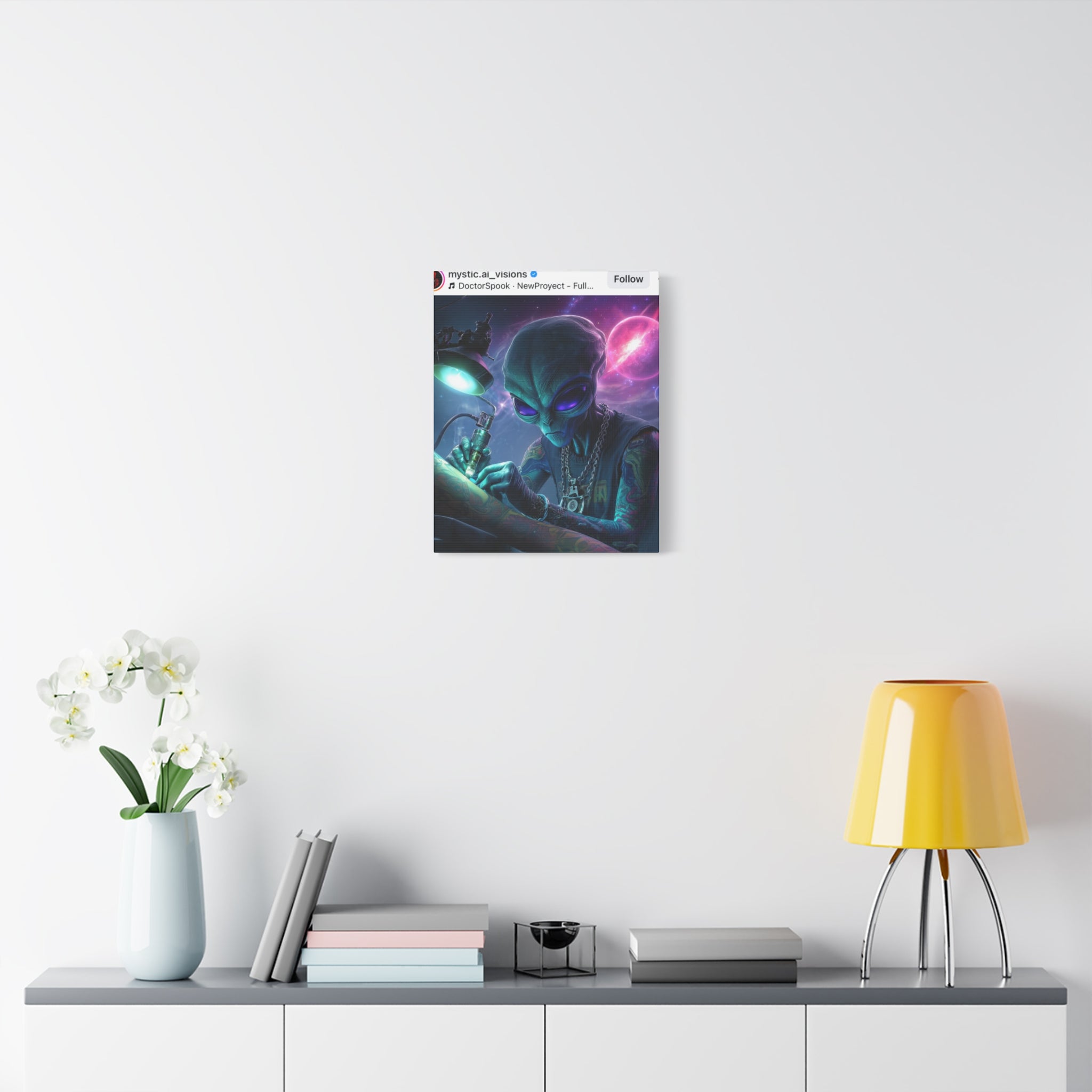 Alien Tattoo Artist Matte Canvas Print — Sci‑Fi Wall Art for Gamers & Nerd Decor