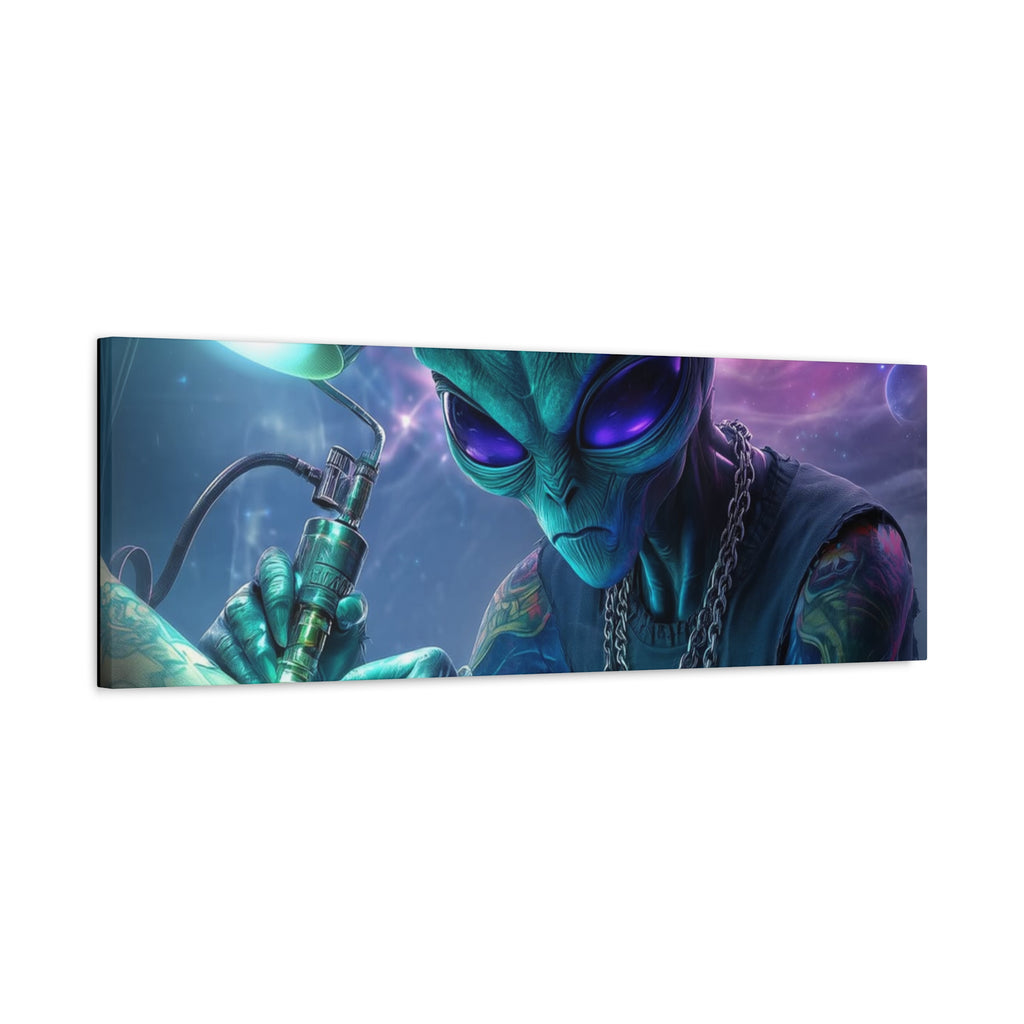 Alien Tattoo Artist Matte Canvas Print — Sci‑Fi Wall Art for Gamers & Nerd Decor