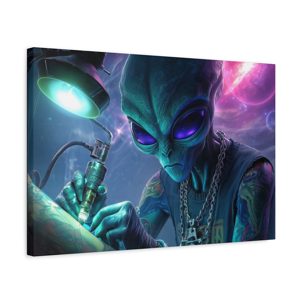 Alien Tattoo Artist Matte Canvas Print — Sci‑Fi Wall Art for Gamers & Nerd Decor