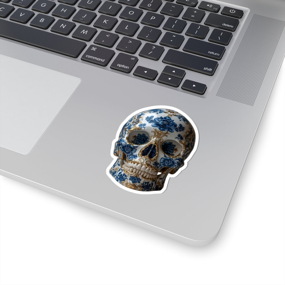 Blue Floral Porcelain Skull Sticker